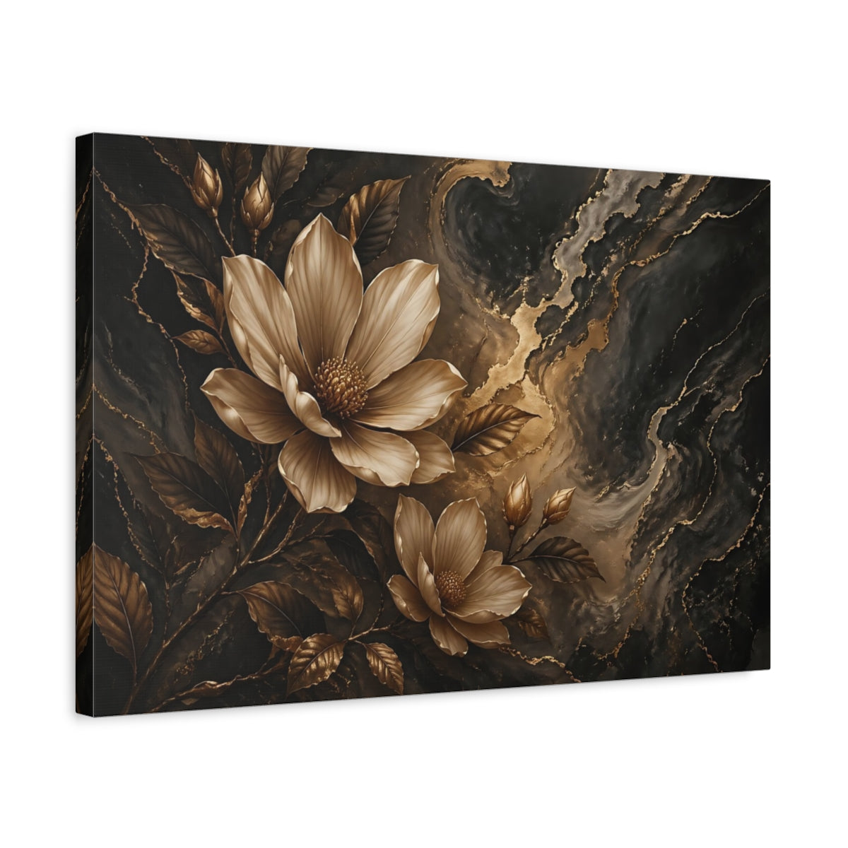 Side Mockup 3. Floral Magnolia Flowers Gold And Black Floral shown as stretched canvas wall art