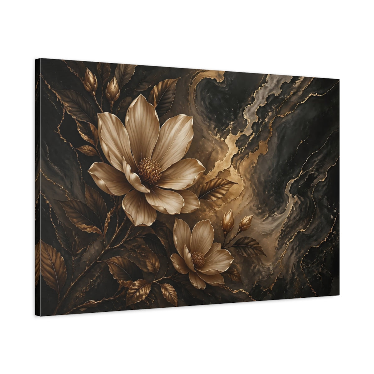 Main Mockup. Floral Magnolia Flowers Gold And Black Floral shown as stretched canvas wall art
