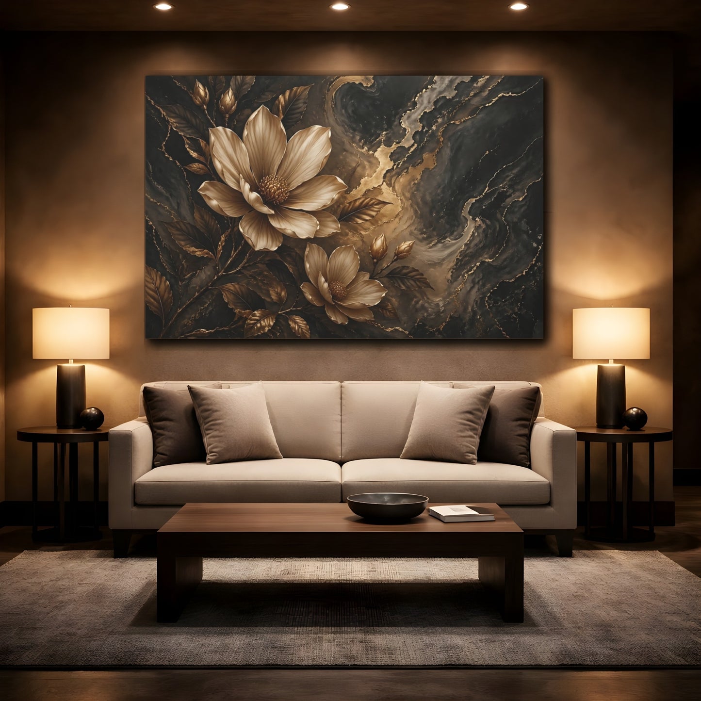 Mockup 2. Floral Magnolia Flowers Gold And Black Floral shown as stretched canvas wall art