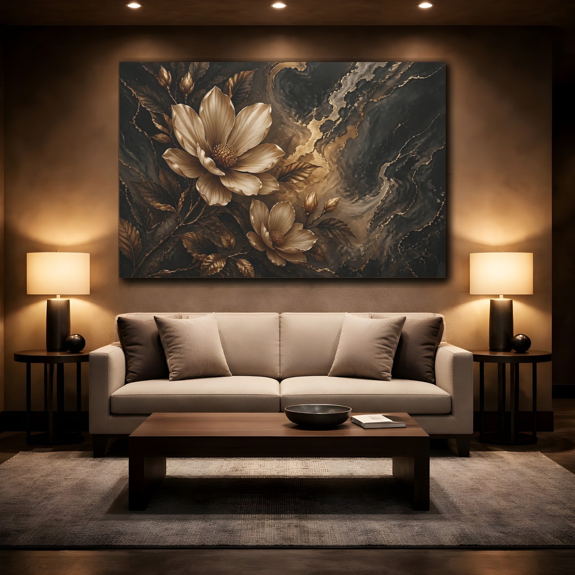 Mockup 2. Floral Magnolia Flowers Gold And Black Floral shown as stretched canvas wall art