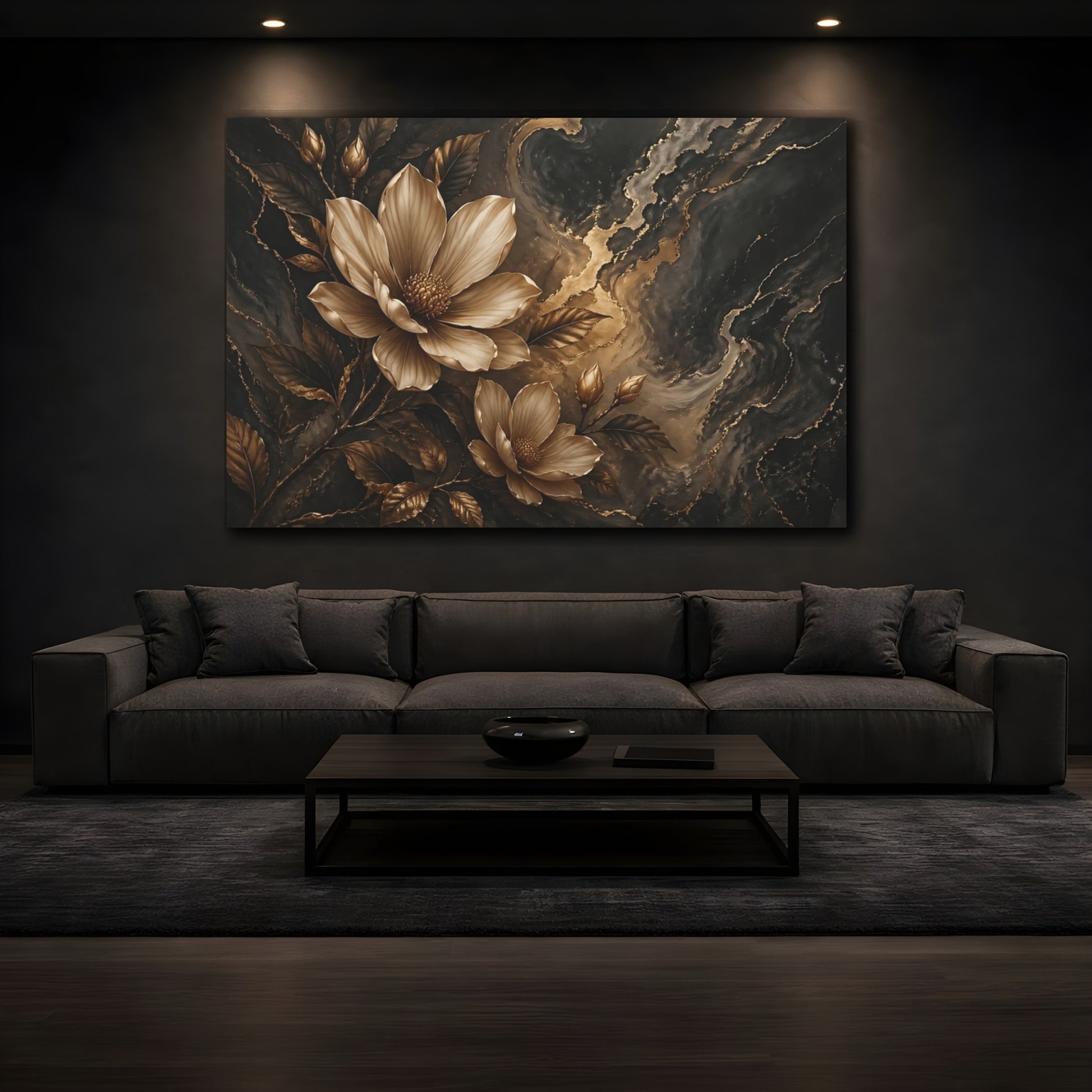 Mockup 3. Floral Magnolia Flowers Gold And Black Floral shown as stretched canvas wall art