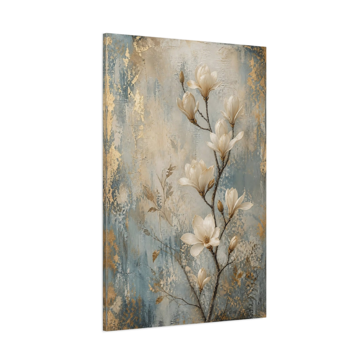 Side Mockup 1. Floral Magnolia Flowers Gold Blue Magnolia shown as stretched canvas wall art