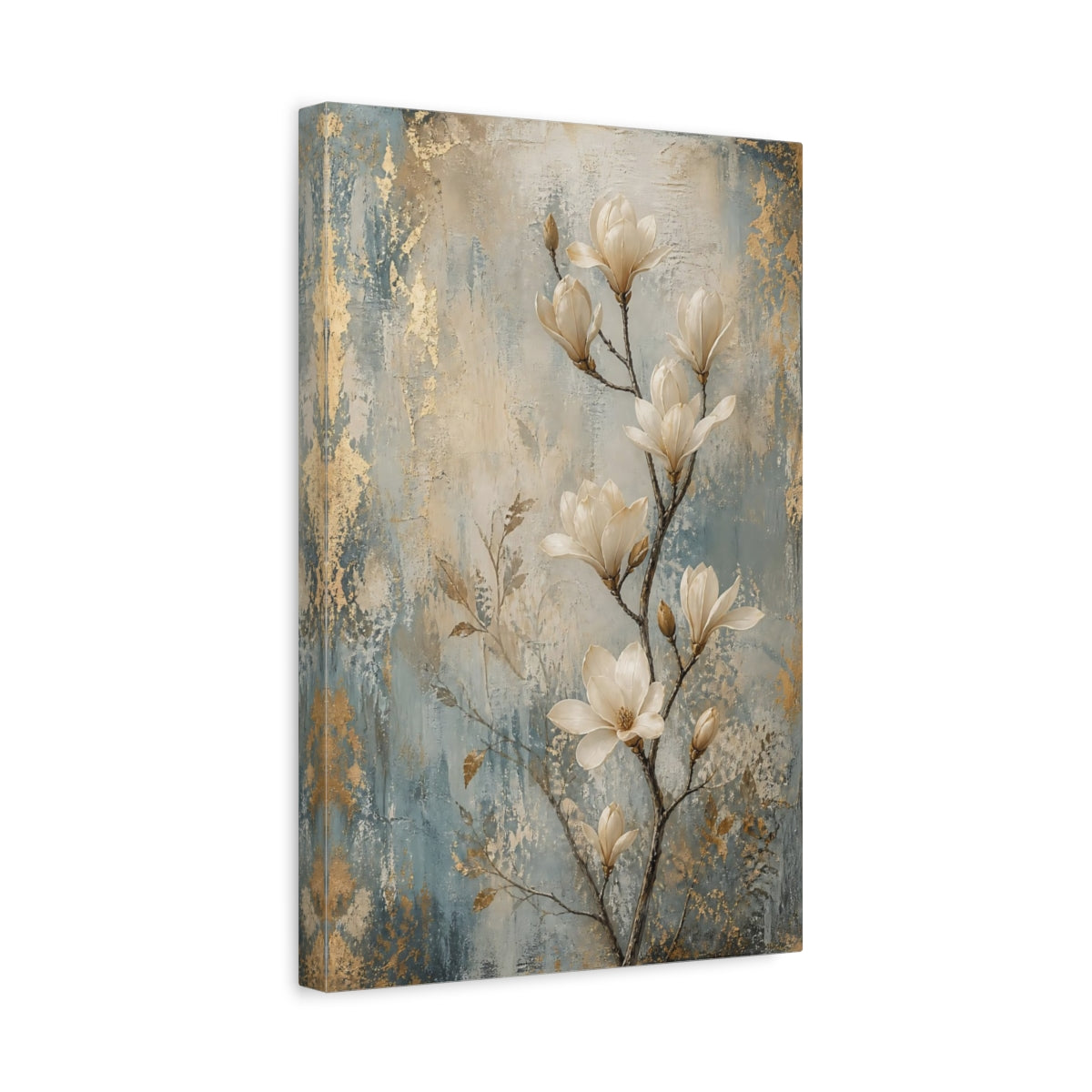Side Mockup 4. Floral Magnolia Flowers Gold Blue Magnolia shown as stretched canvas wall art