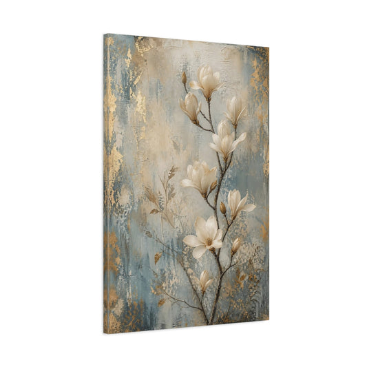 Main Mockup. Floral Magnolia Flowers Gold Blue Magnolia shown as stretched canvas wall art