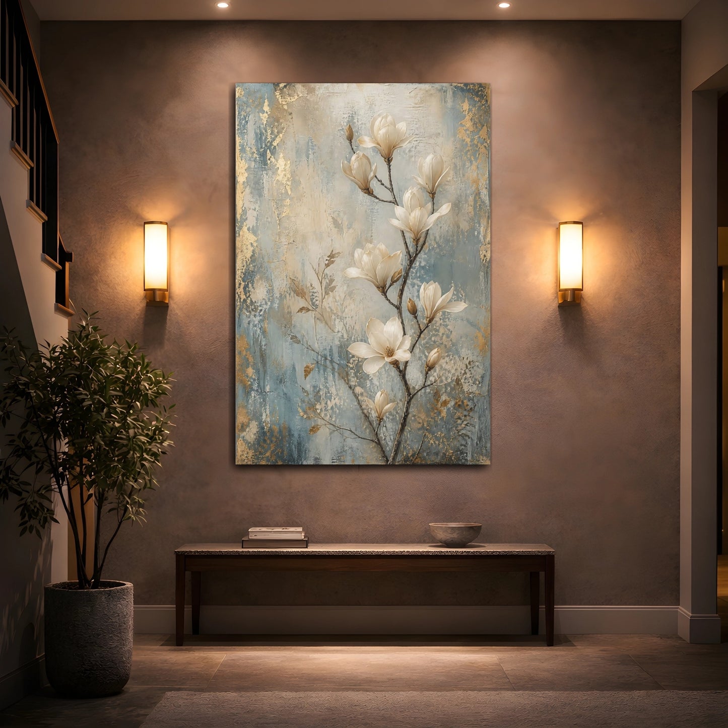 Mockup 2. Floral Magnolia Flowers Gold Blue Magnolia shown as stretched canvas wall art
