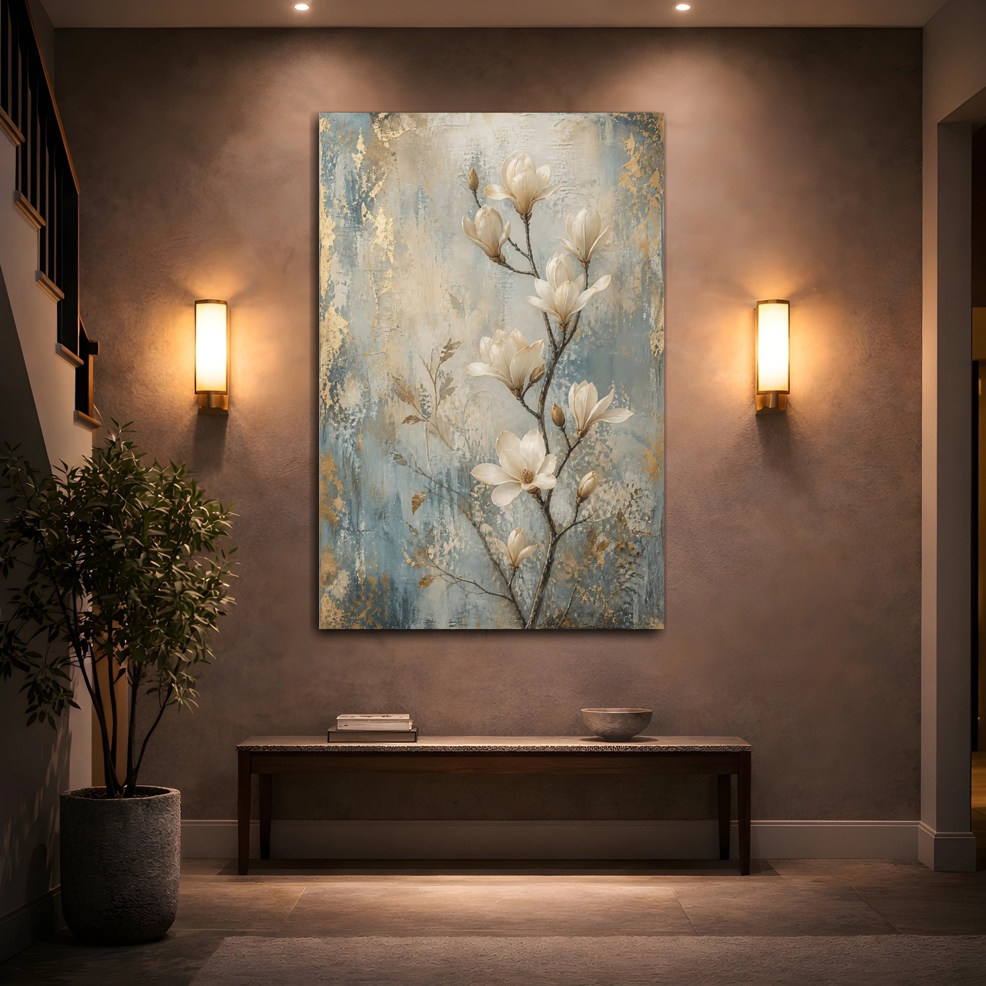 Mockup 2. Floral Magnolia Flowers Gold Blue Magnolia shown as stretched canvas wall art