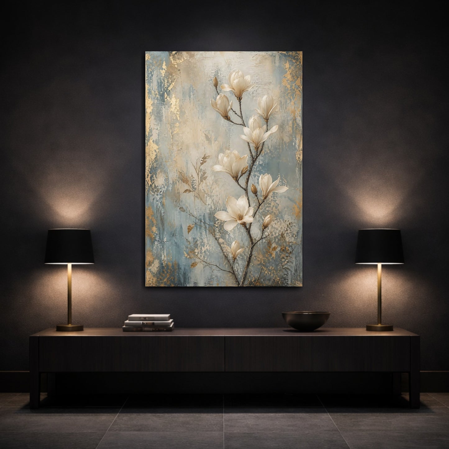 Mockup 3. Floral Magnolia Flowers Gold Blue Magnolia shown as stretched canvas wall art