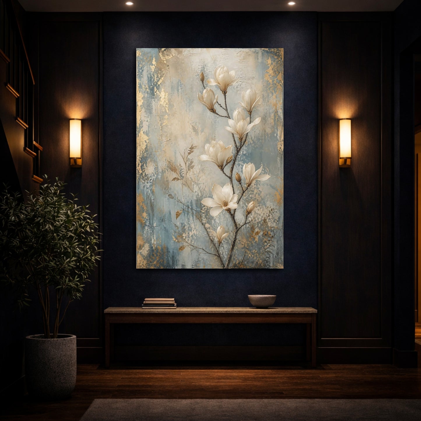 Mockup 4. Floral Magnolia Flowers Gold Blue Magnolia shown as stretched canvas wall art
