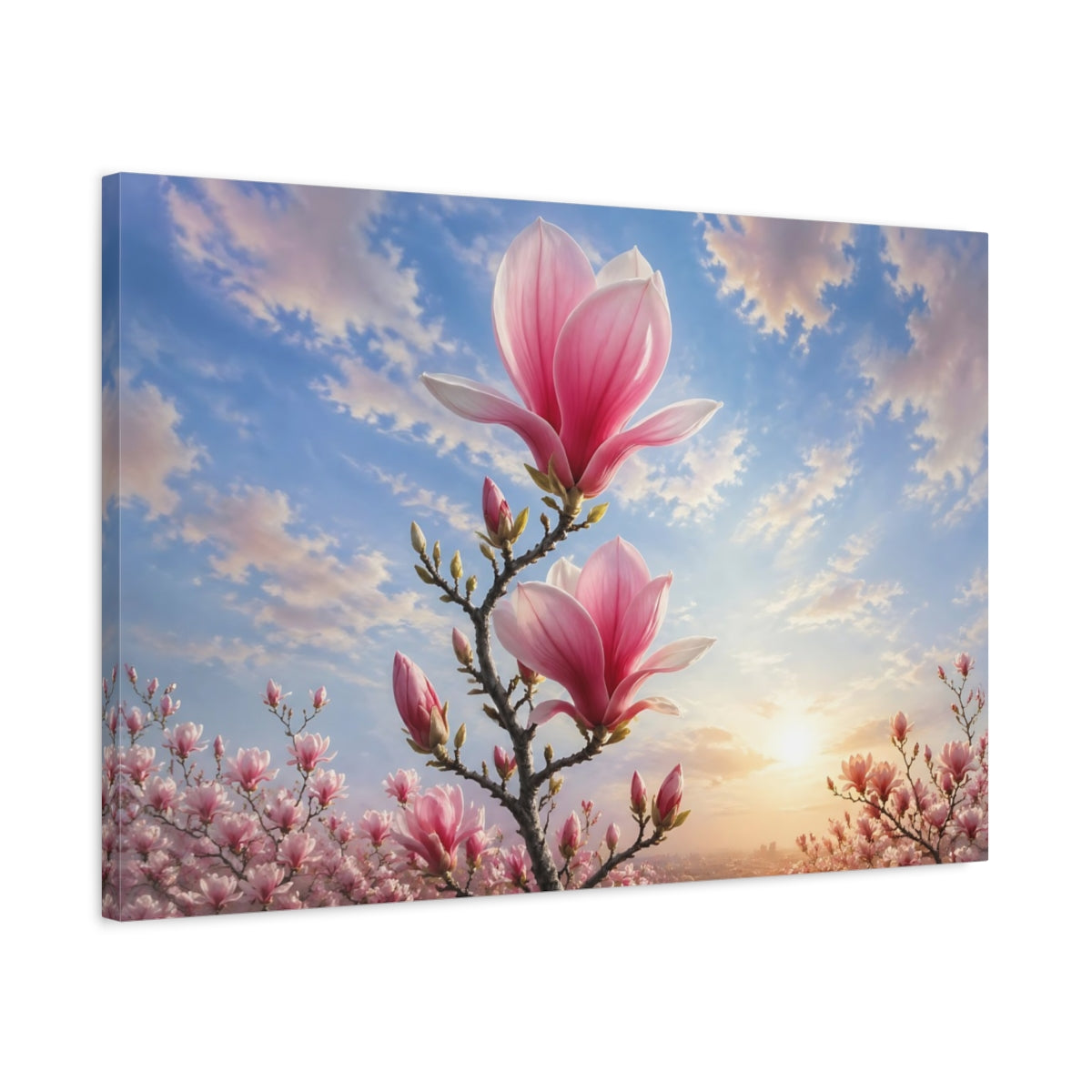 Side Mockup 2. Floral Magnolia Flowers Pink And Blue shown as stretched canvas wall art