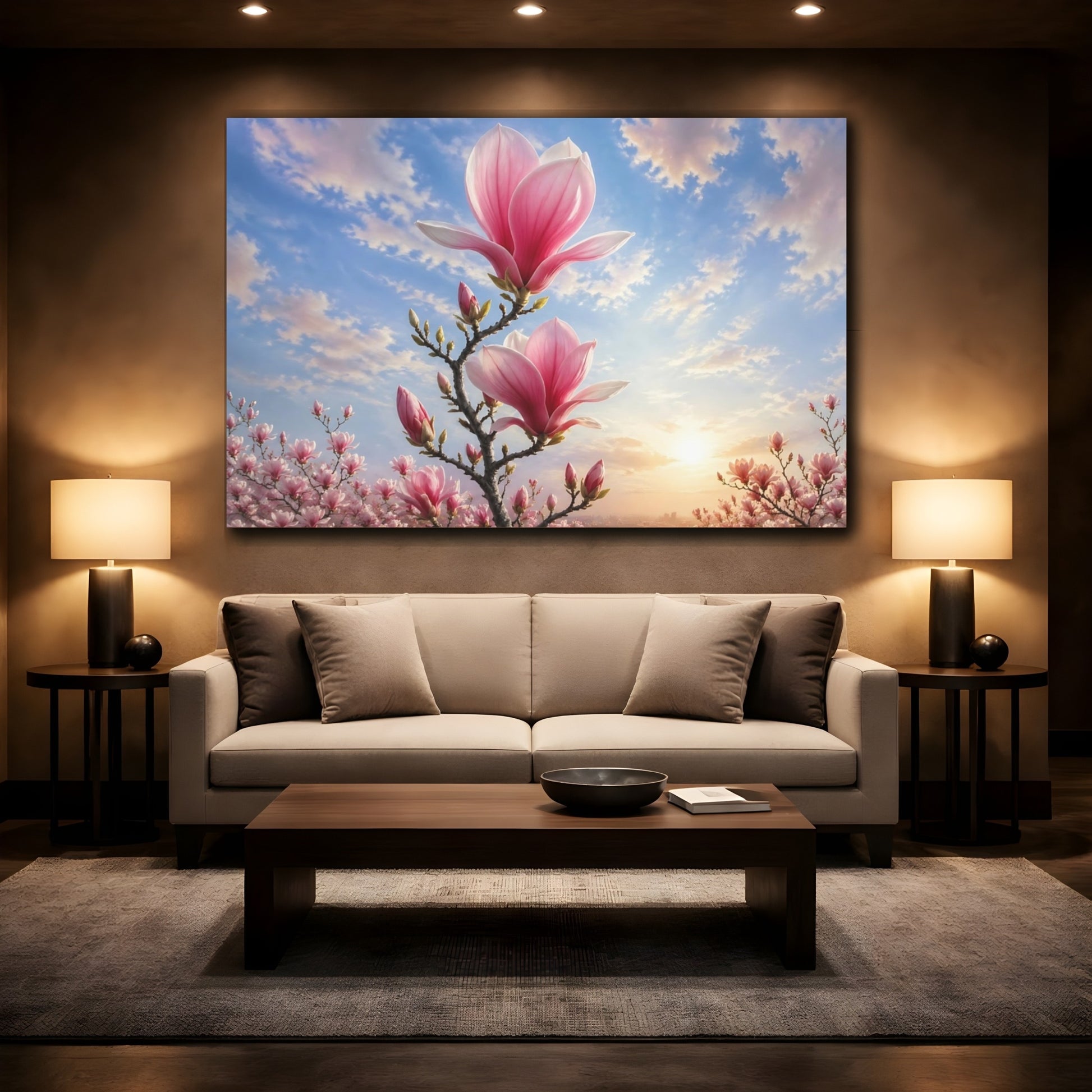 Mockup 2. Floral Magnolia Flowers Pink And Blue shown as stretched canvas wall art