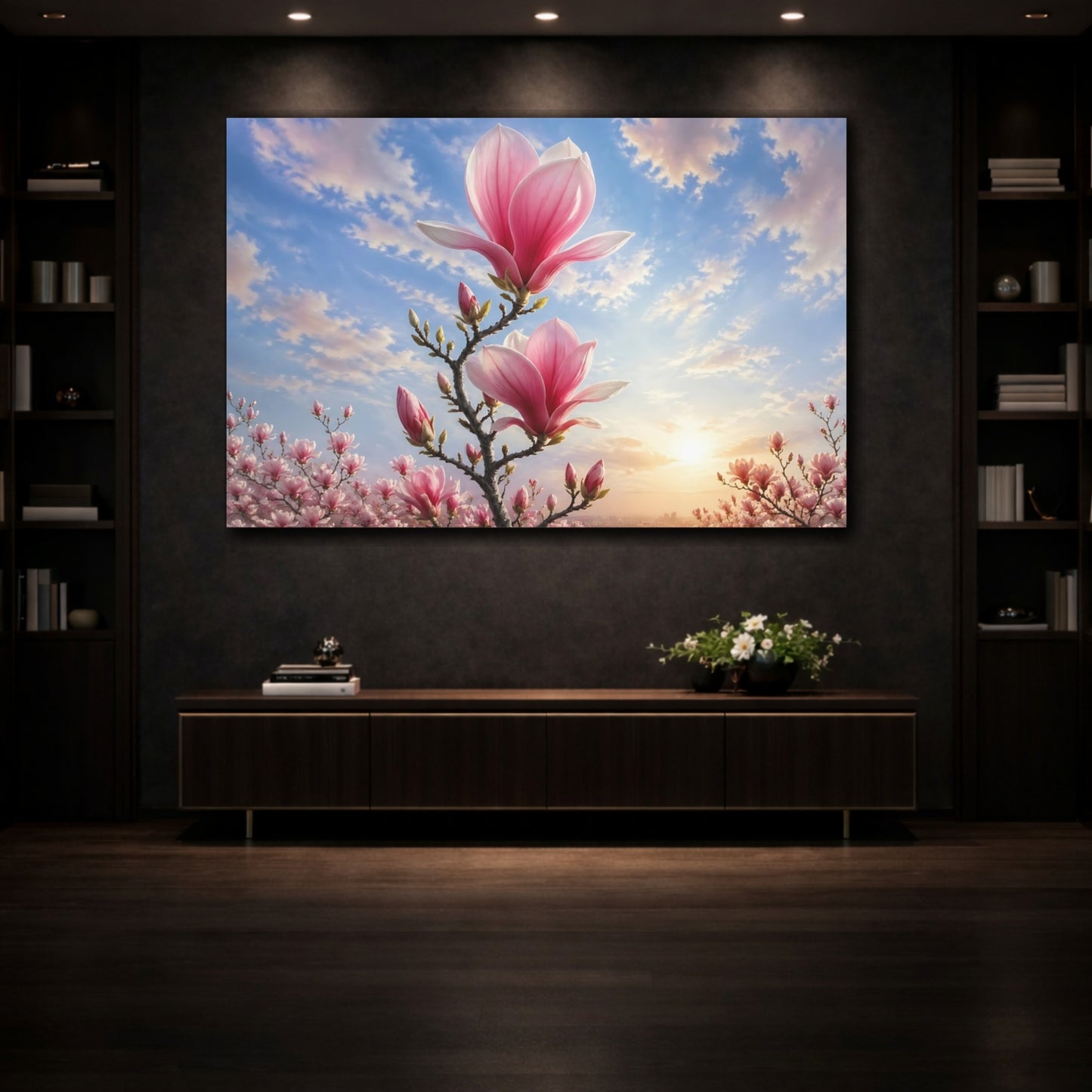 Mockup 3. Floral Magnolia Flowers Pink And Blue shown as stretched canvas wall art