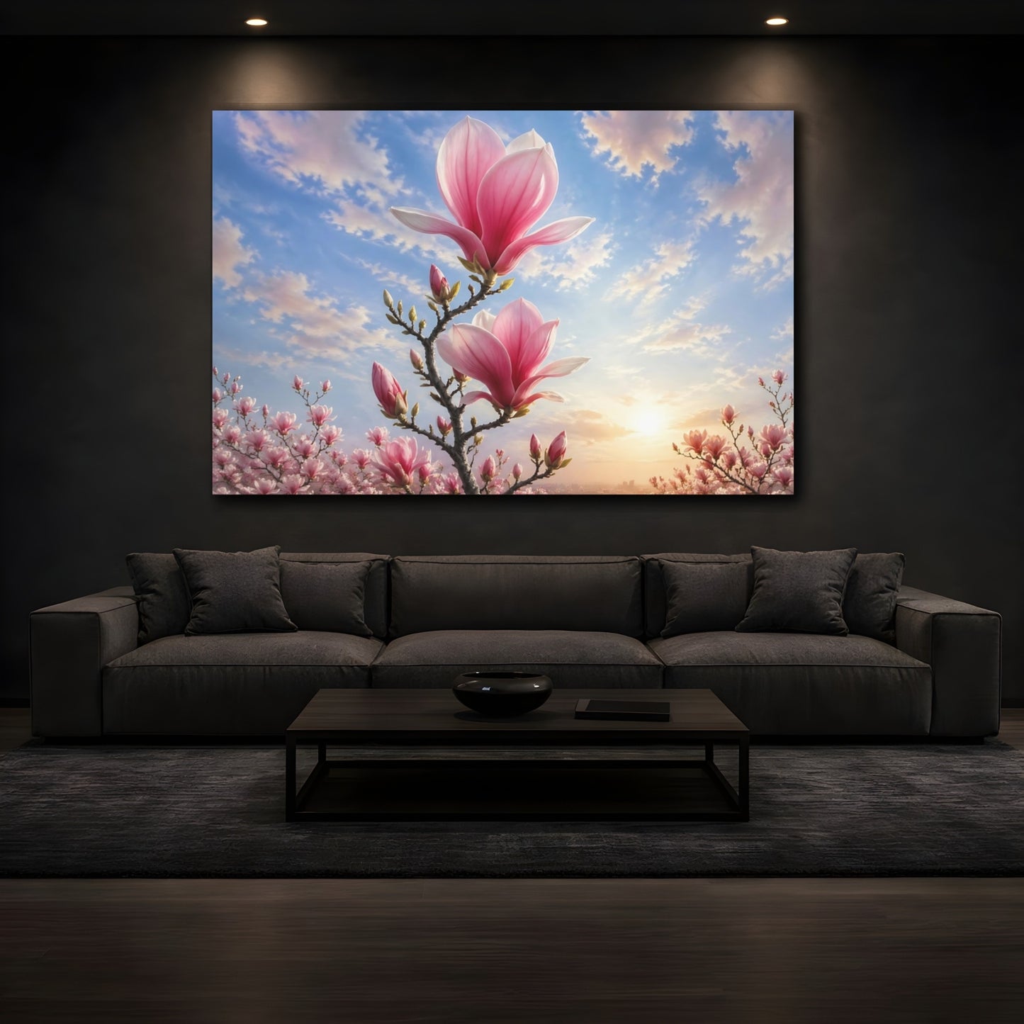 Mockup 4. Floral Magnolia Flowers Pink And Blue shown as stretched canvas wall art