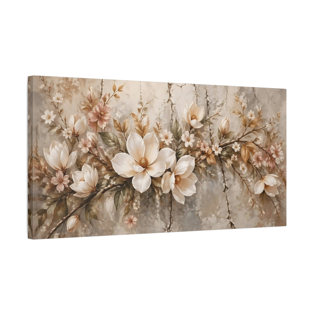 Side Mockup 1. Floral Magnolia Flowers Vintage Floral shown as stretched canvas wall art