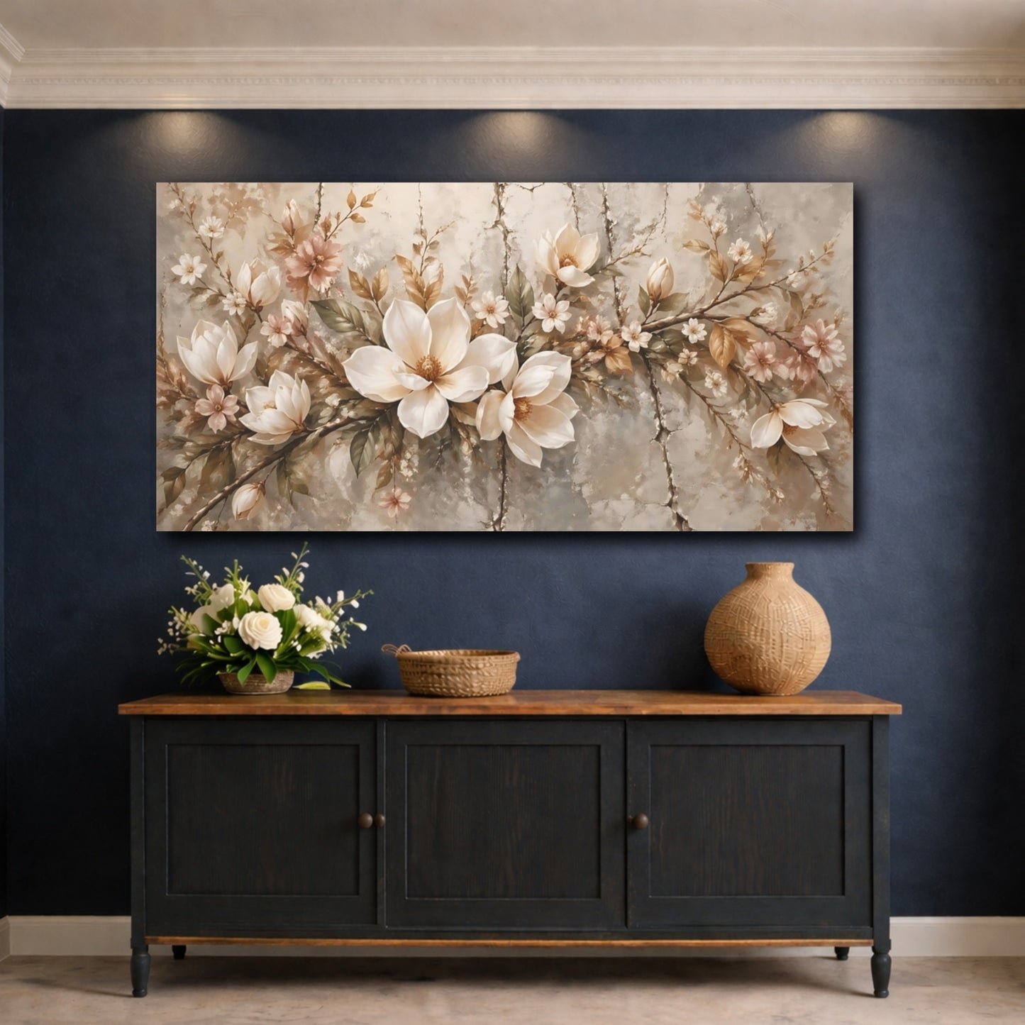 Mockup 4. Floral Magnolia Flowers Vintage Floral shown as stretched canvas wall art