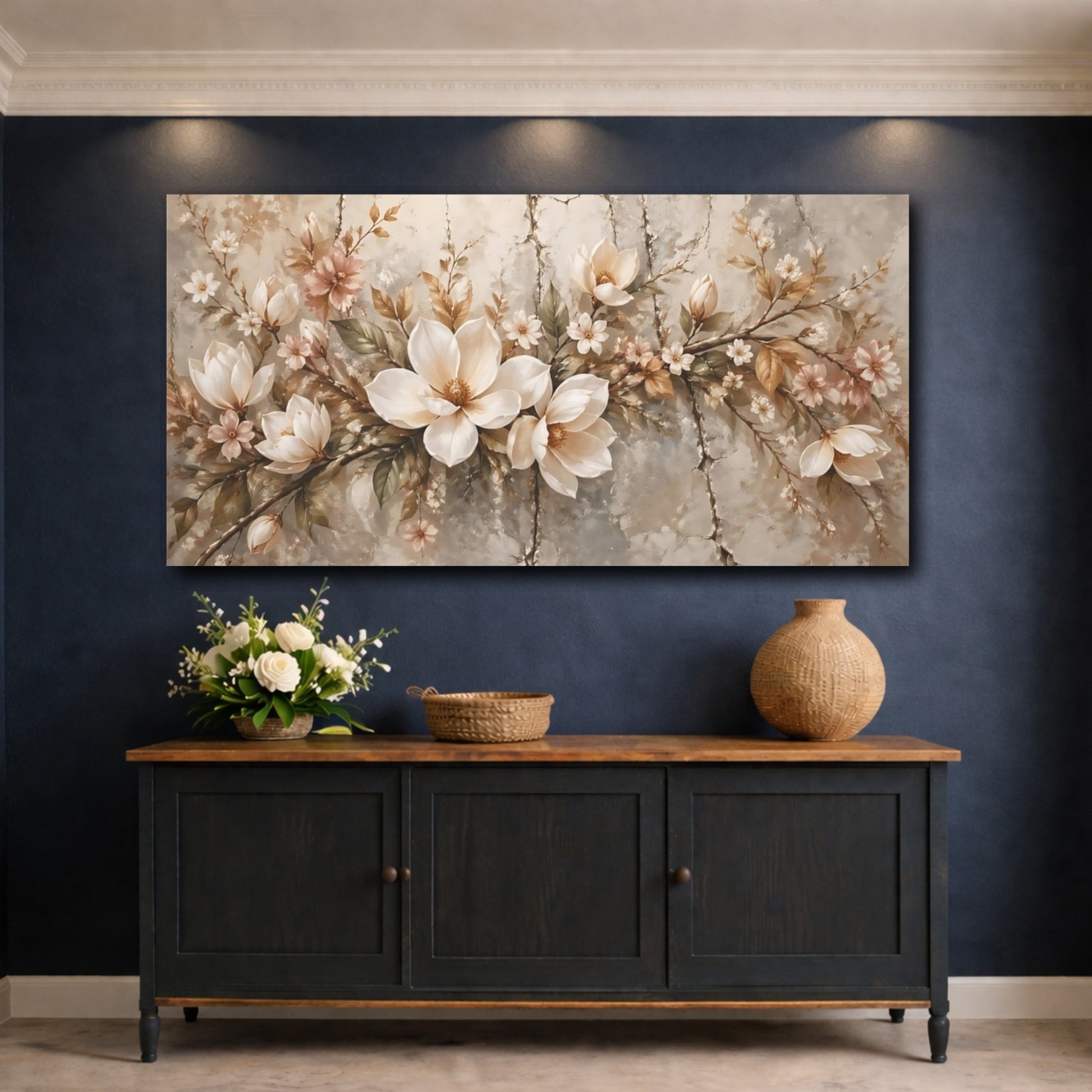 Mockup 4. Floral Magnolia Flowers Vintage Floral shown as stretched canvas wall art