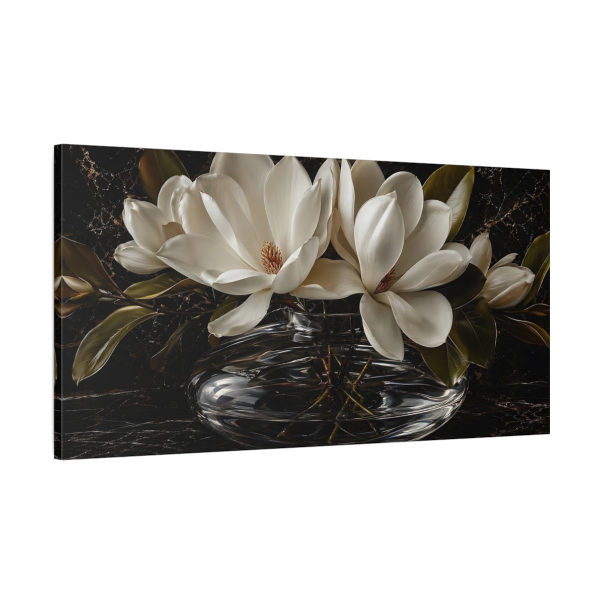 Main Mockup. Floral Magnolia Flowers White And Black shown as stretched canvas wall art