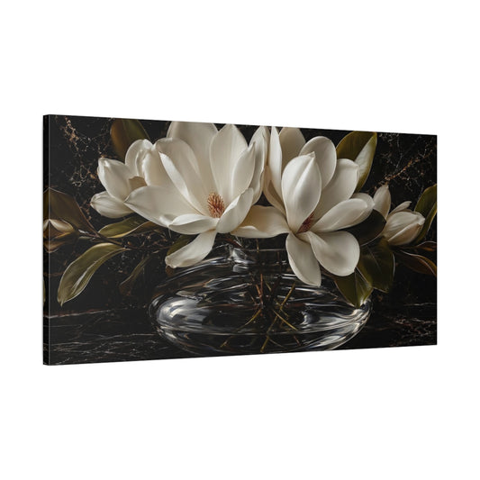 Main Mockup. Floral Magnolia Flowers White And Black shown as stretched canvas wall art
