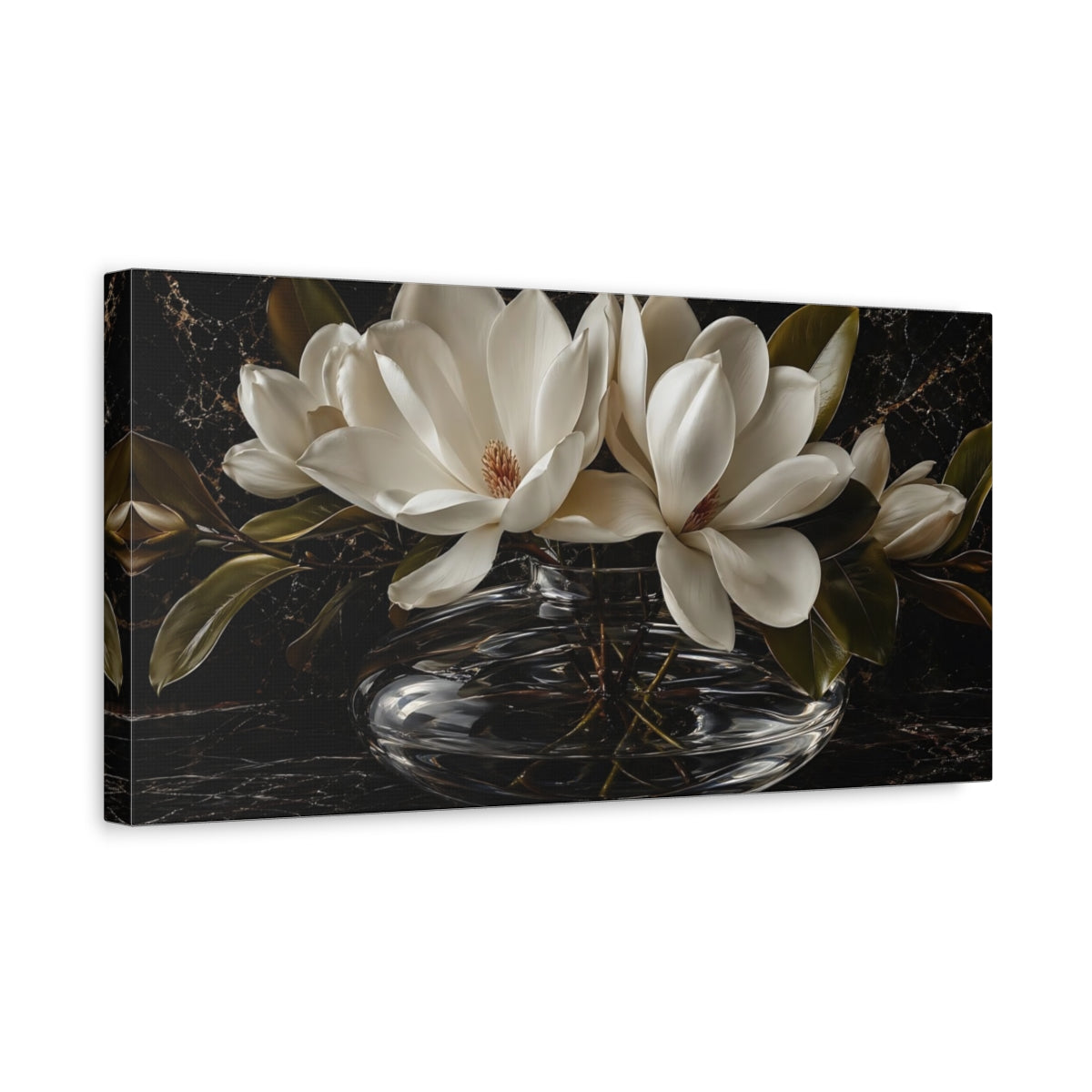Side Mockup 3. Floral Magnolia Flowers White And Black shown as stretched canvas wall art