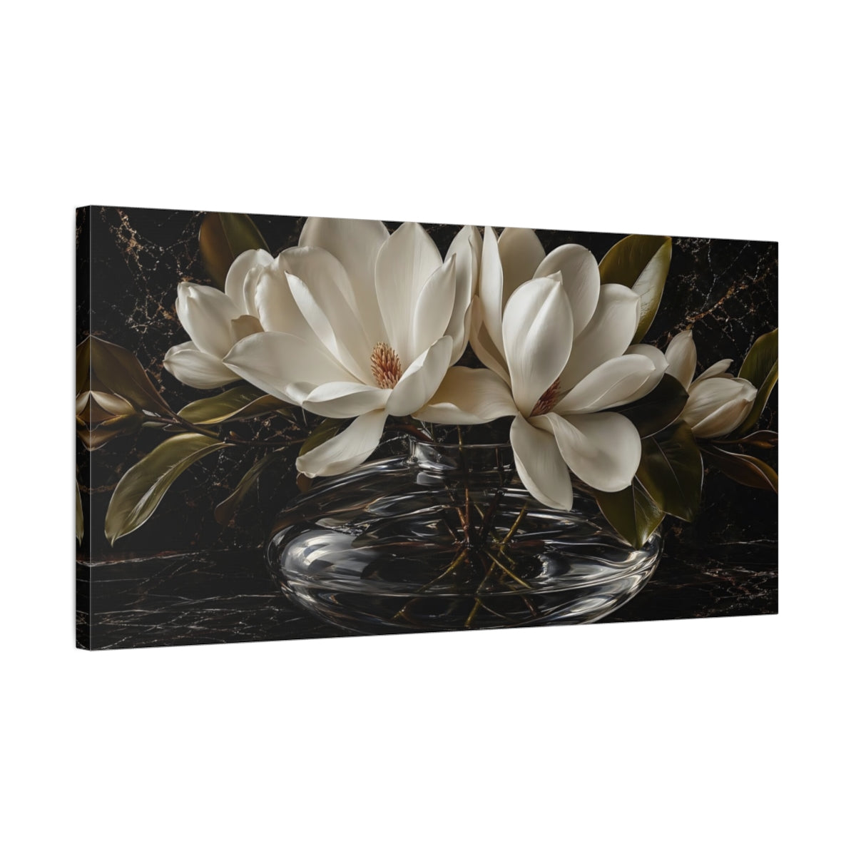 Side Mockup 1. Floral Magnolia Flowers White And Black shown as stretched canvas wall art