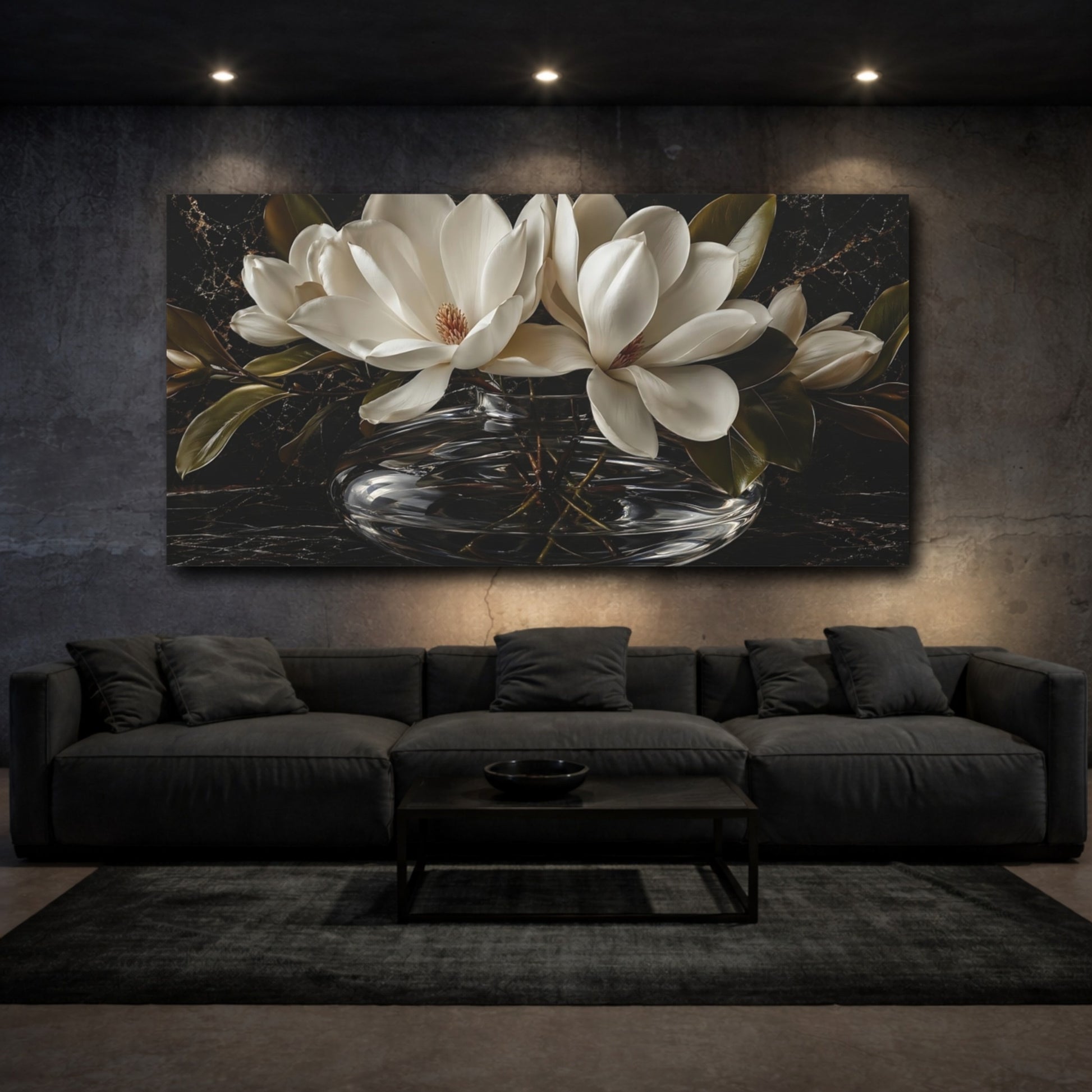 Mockup 2. Floral Magnolia Flowers White And Black shown as stretched canvas wall art