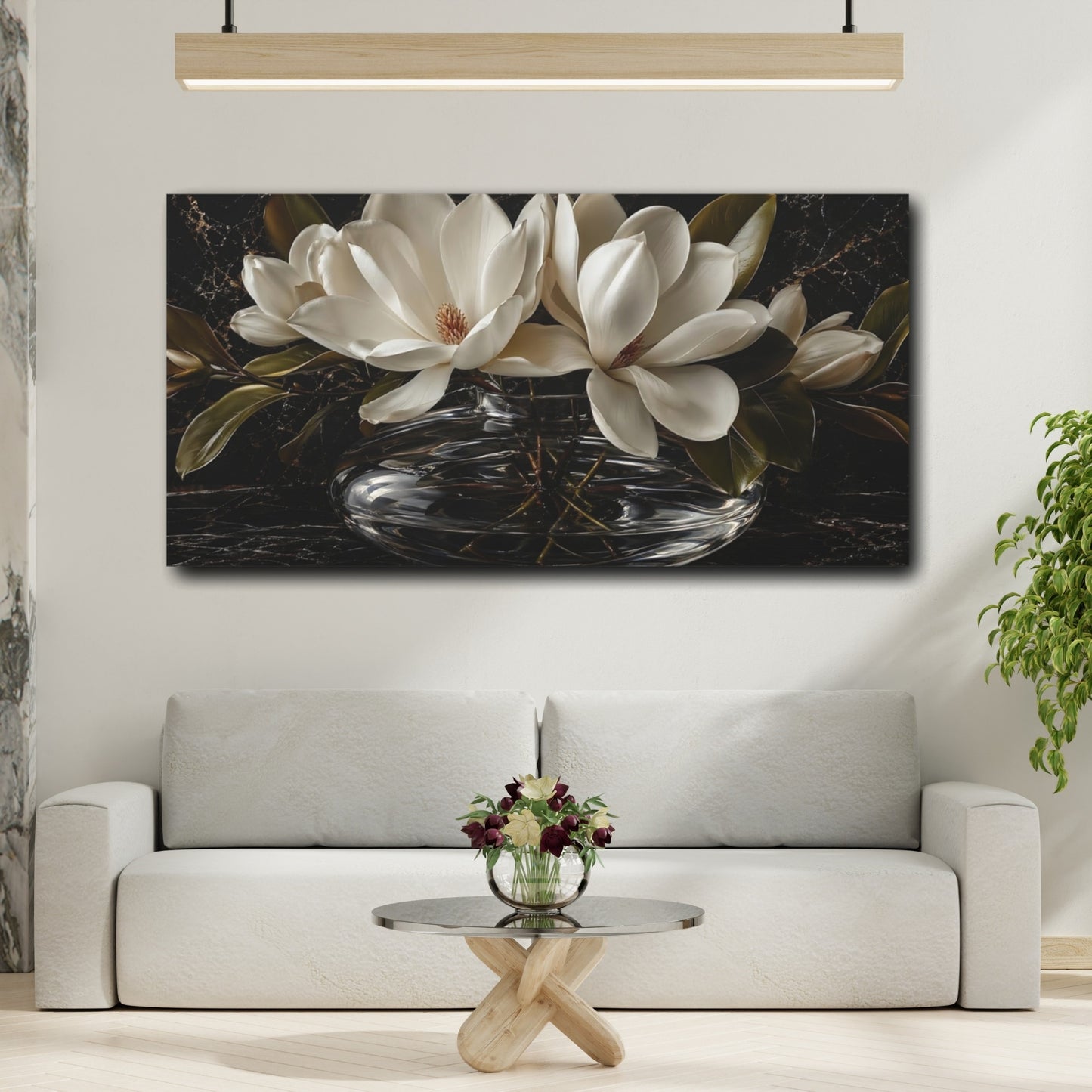 Mockup 3. Floral Magnolia Flowers White And Black shown as stretched canvas wall art