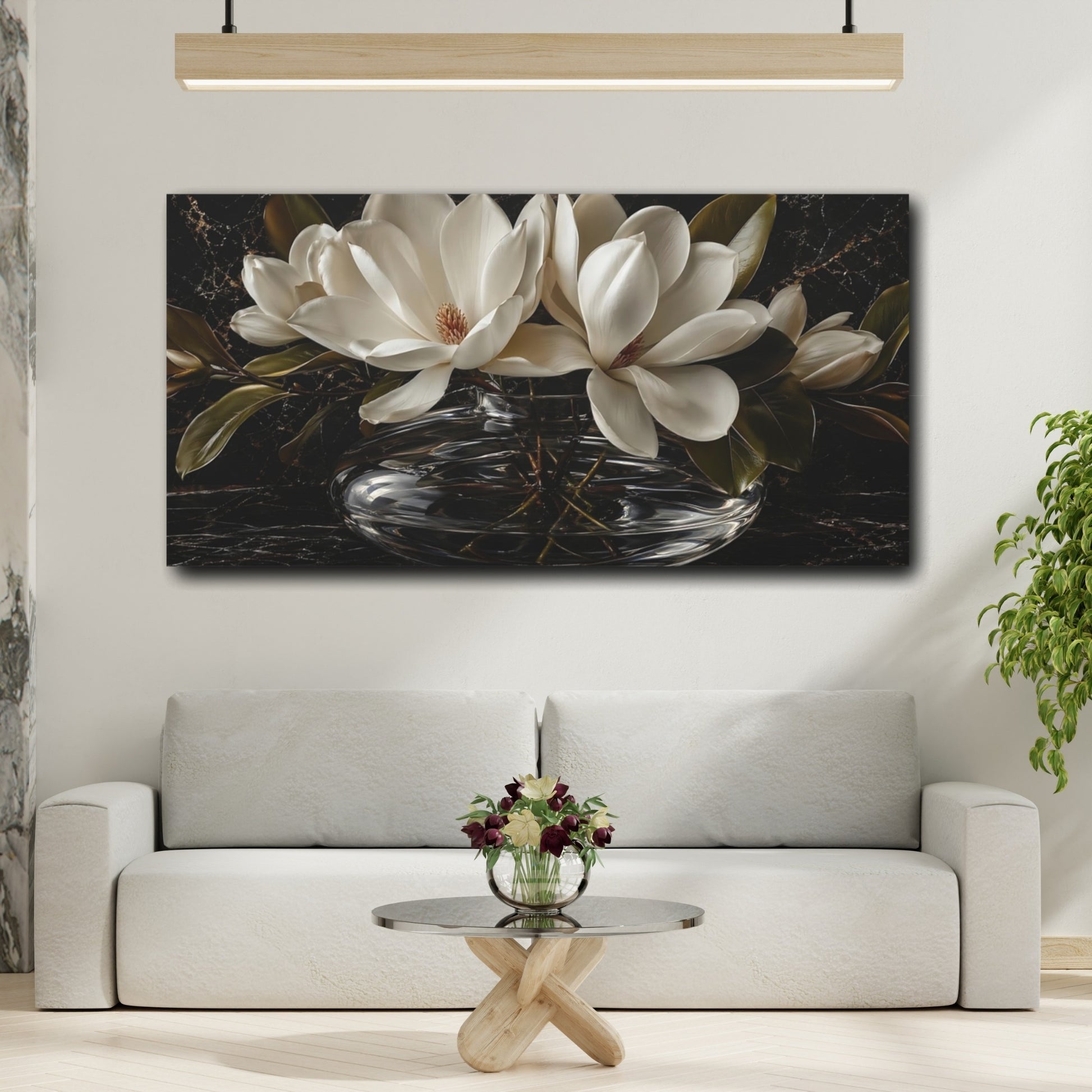 Mockup 3. Floral Magnolia Flowers White And Black shown as stretched canvas wall art