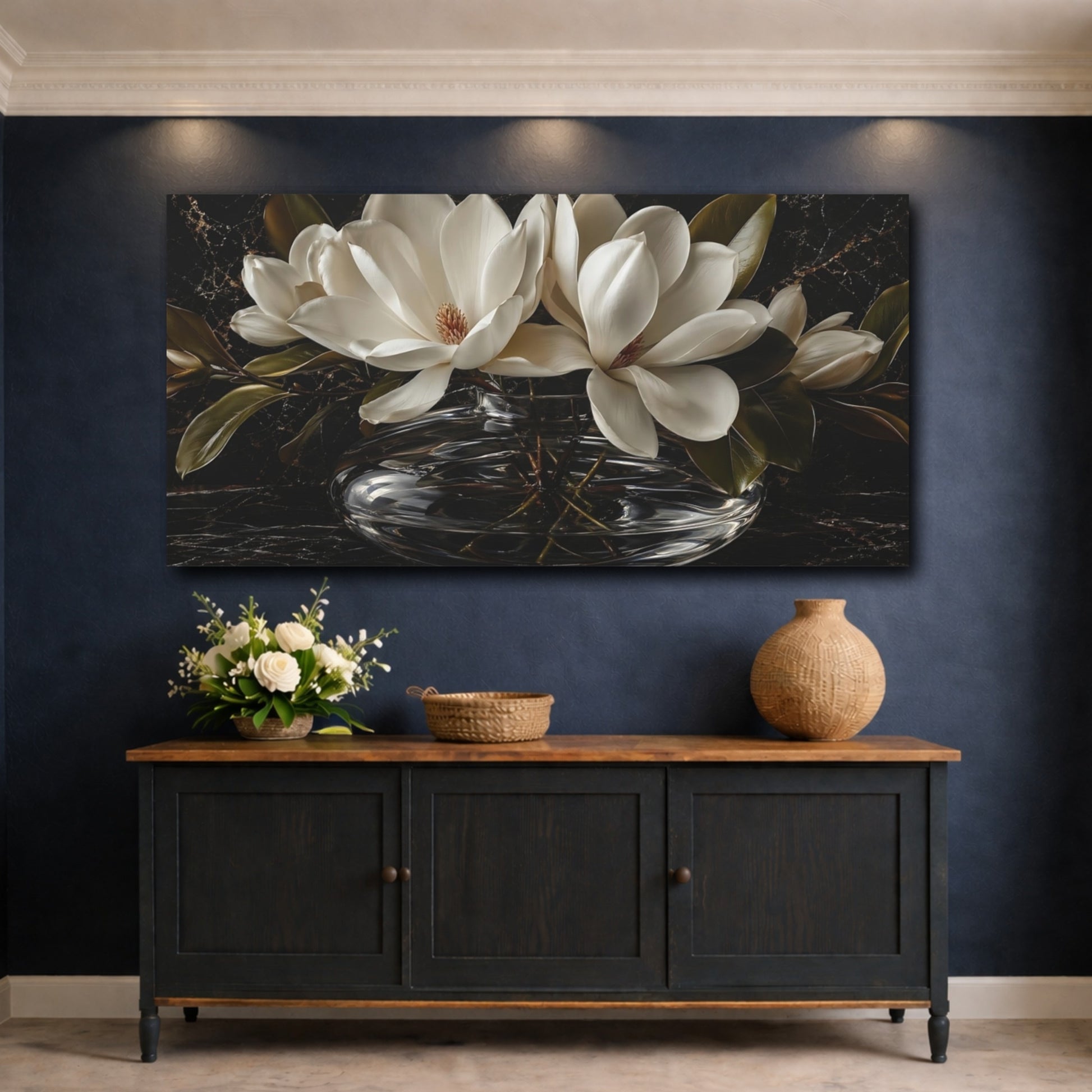 Mockup 4. Floral Magnolia Flowers White And Black shown as stretched canvas wall art
