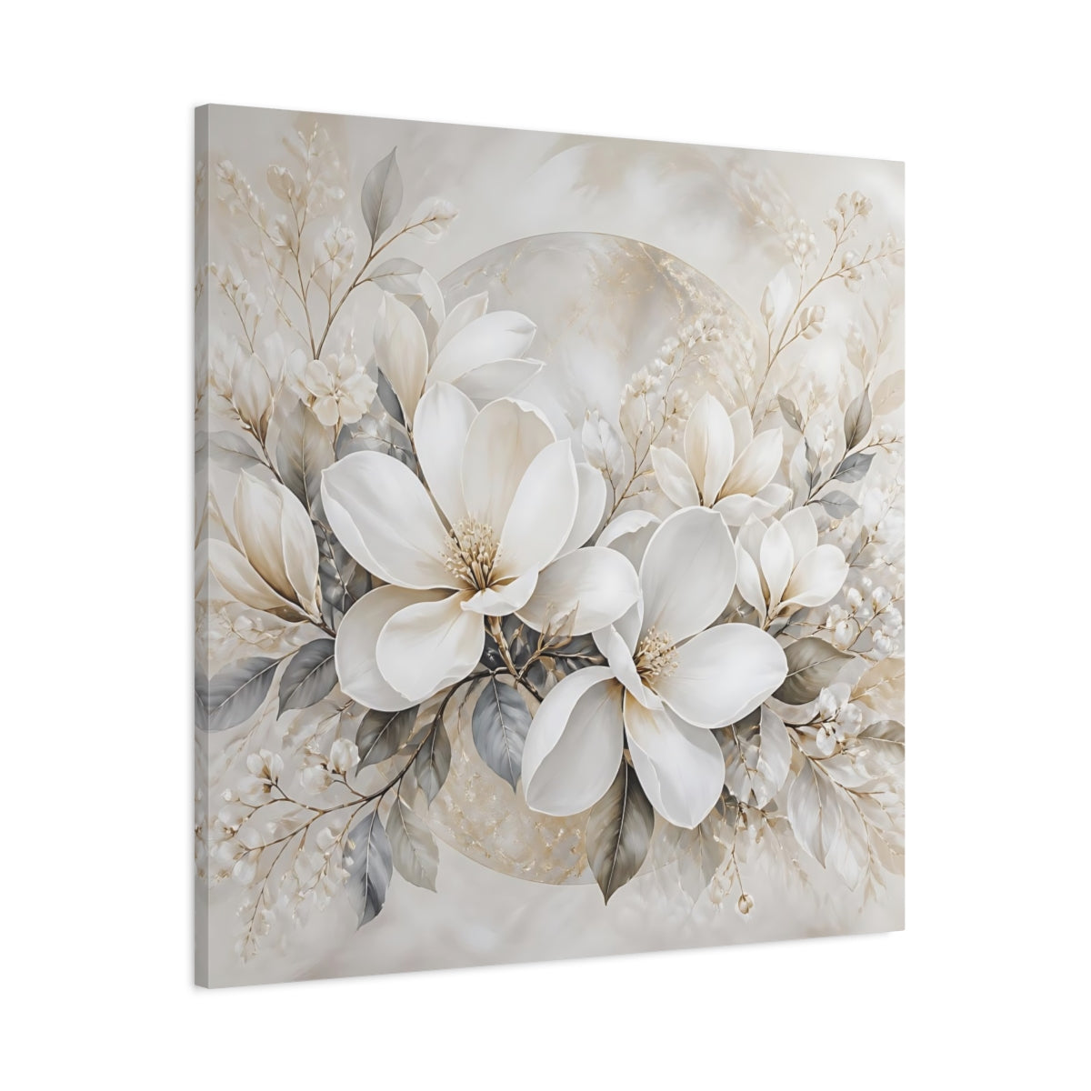 Main Mockup. Floral Magnolia Flowers White And Gold shown as stretched canvas wall art
