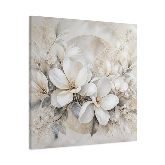 Main Mockup. Floral Magnolia Flowers White And Gold shown as stretched canvas wall art