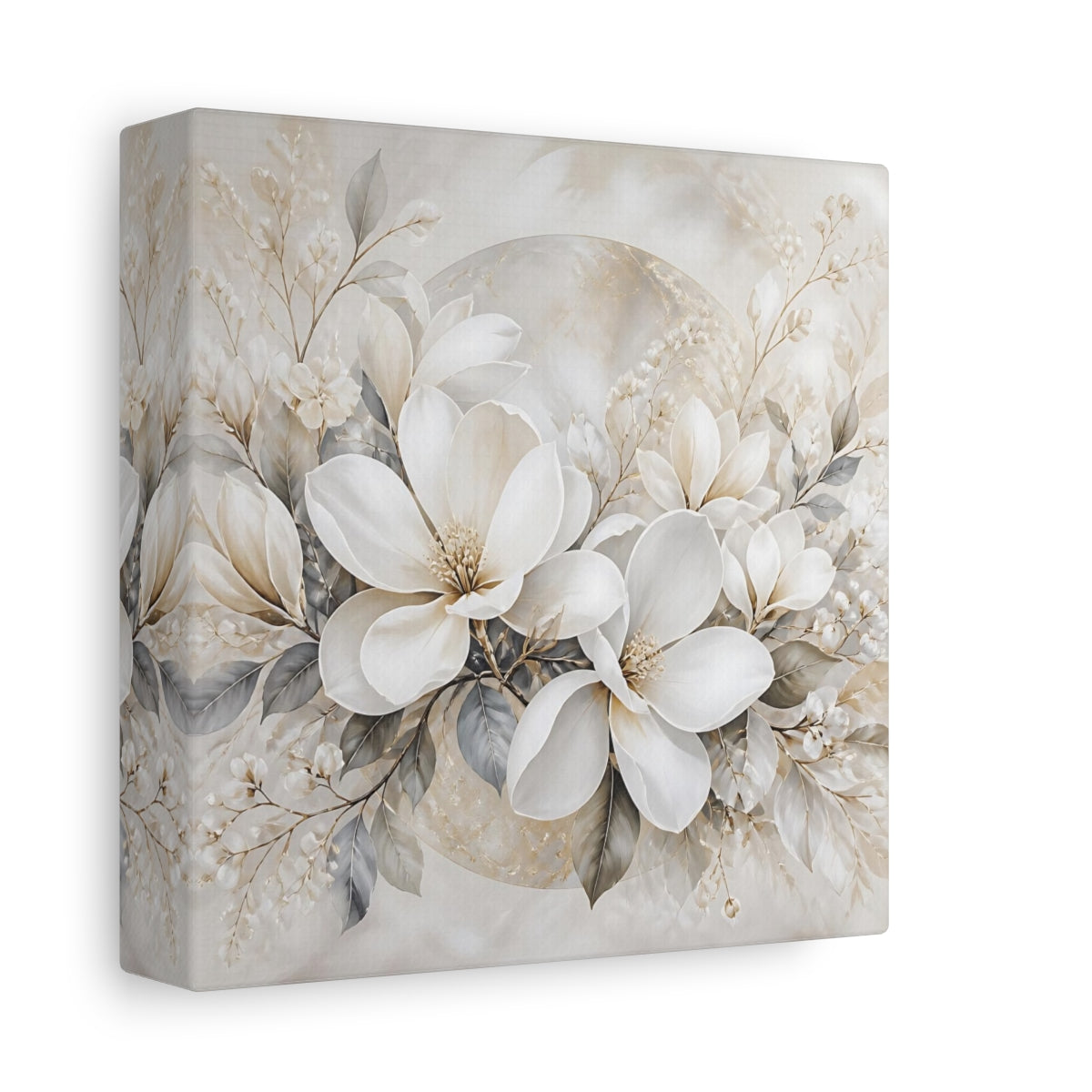Side Mockup 2. Floral Magnolia Flowers White And Gold shown as stretched canvas wall art