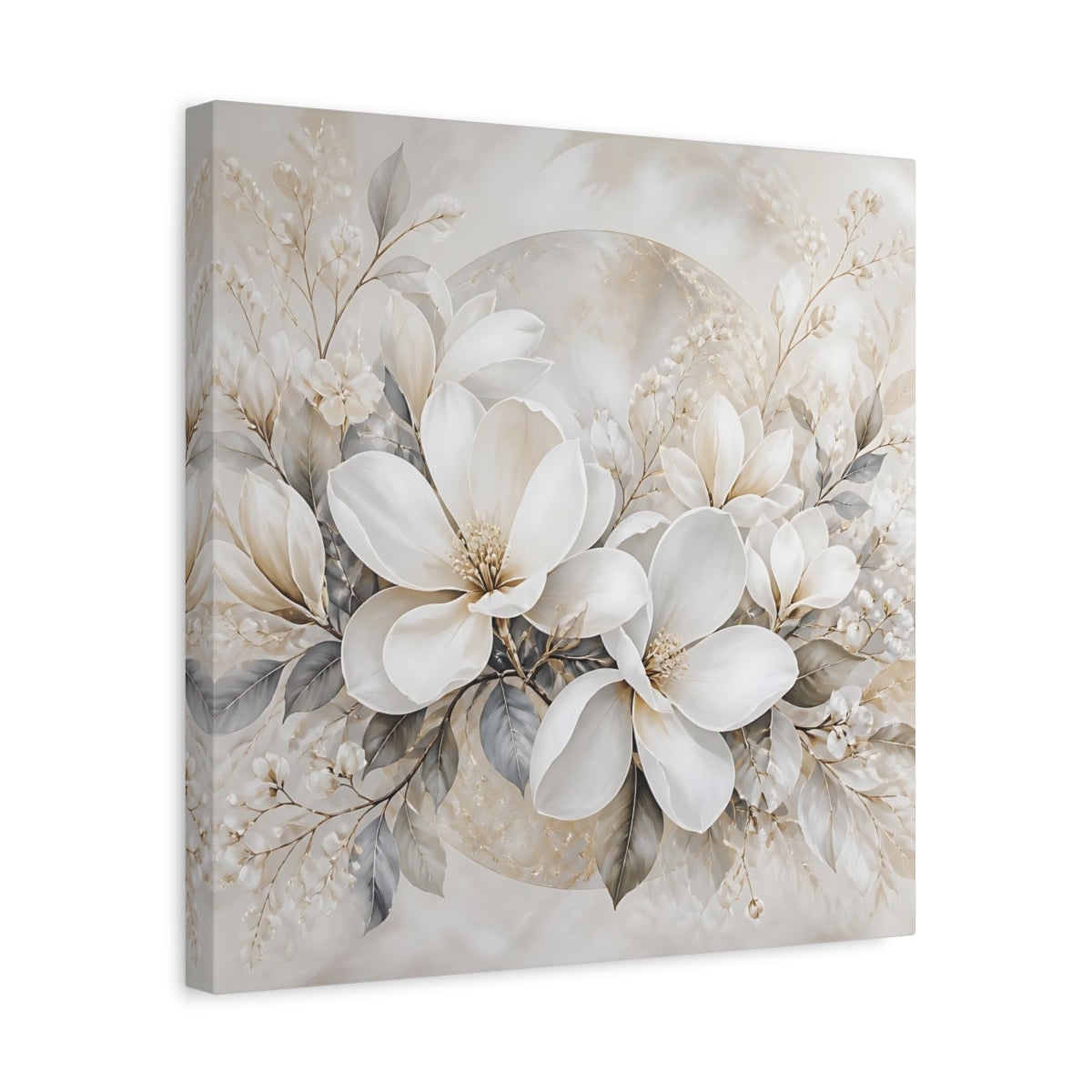 Side Mockup 6. Floral Magnolia Flowers White And Gold shown as stretched canvas wall art