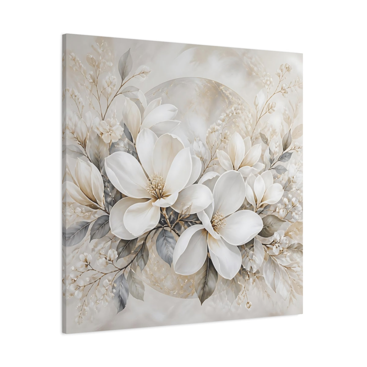 Side Mockup 1. Floral Magnolia Flowers White And Gold shown as stretched canvas wall art