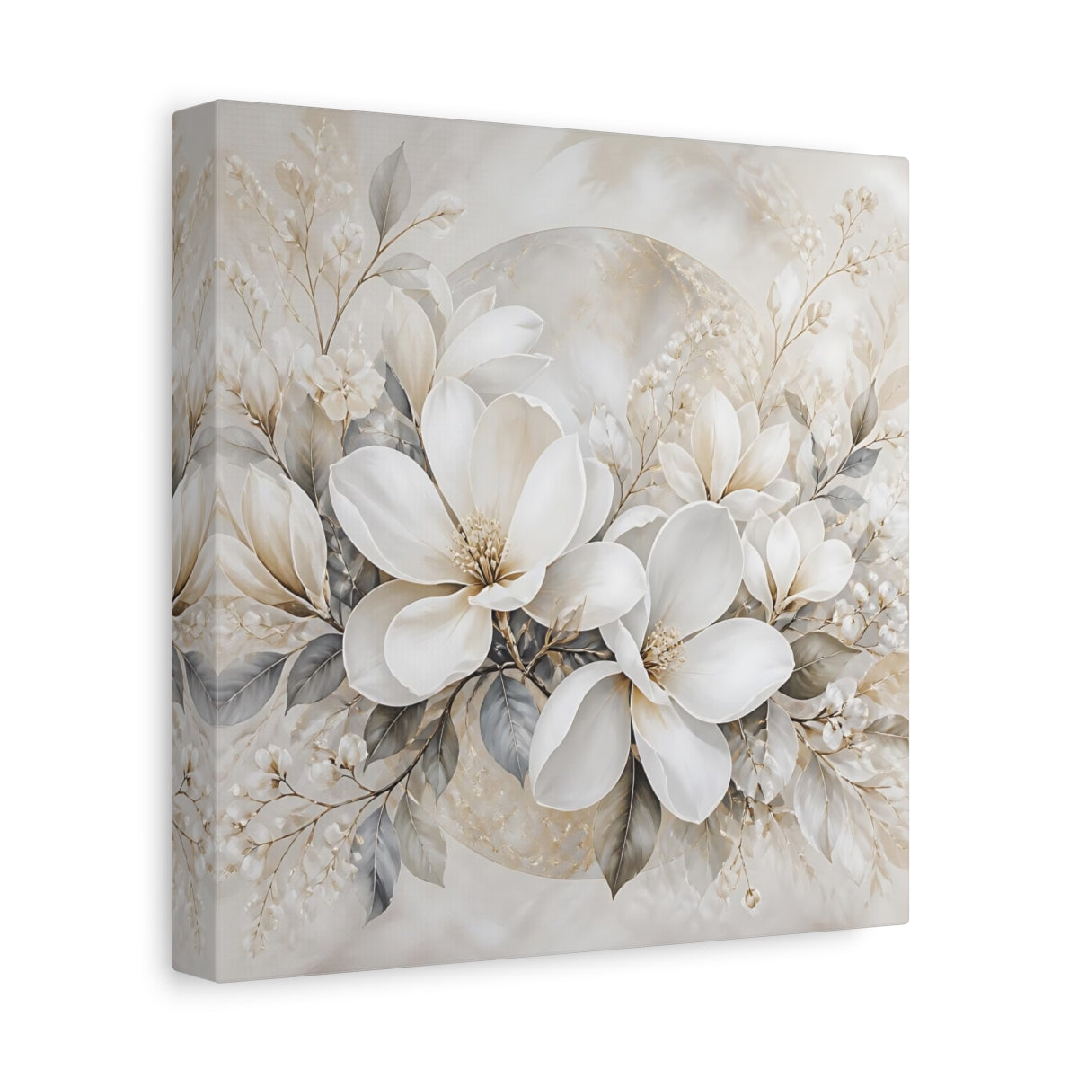 Side Mockup 9. Floral Magnolia Flowers White And Gold shown as stretched canvas wall art