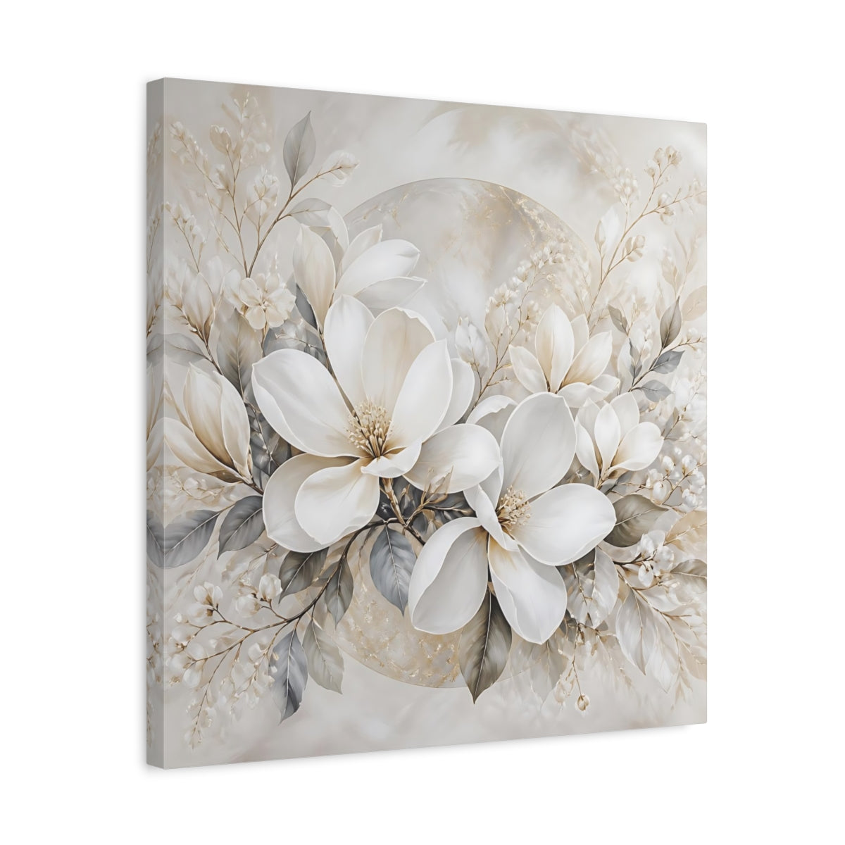 Side Mockup 5. Floral Magnolia Flowers White And Gold shown as stretched canvas wall art