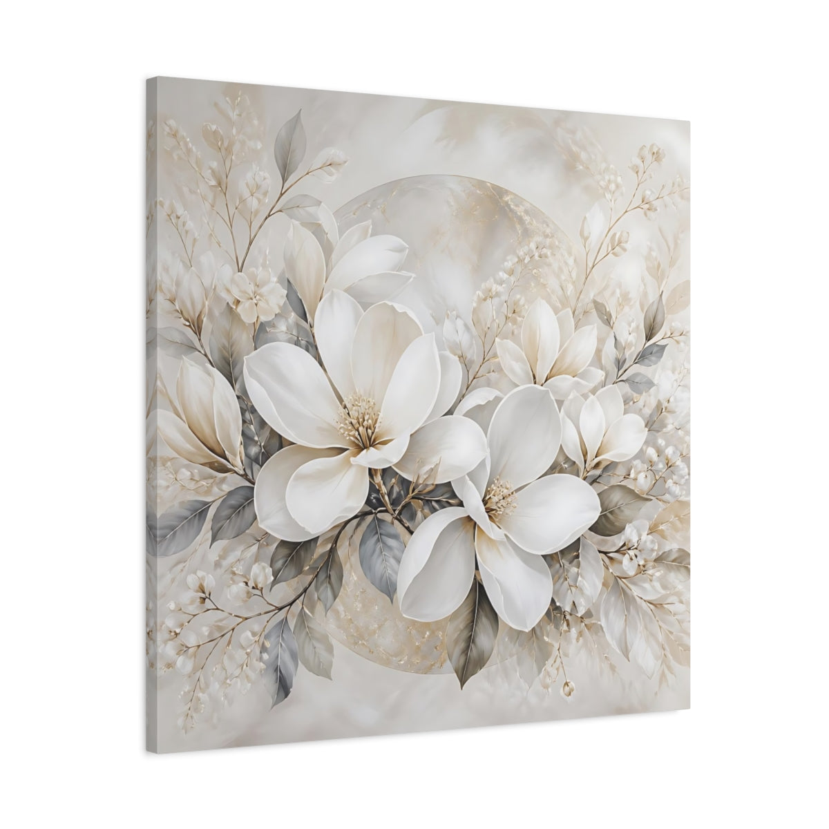 Side Mockup 3. Floral Magnolia Flowers White And Gold shown as stretched canvas wall art