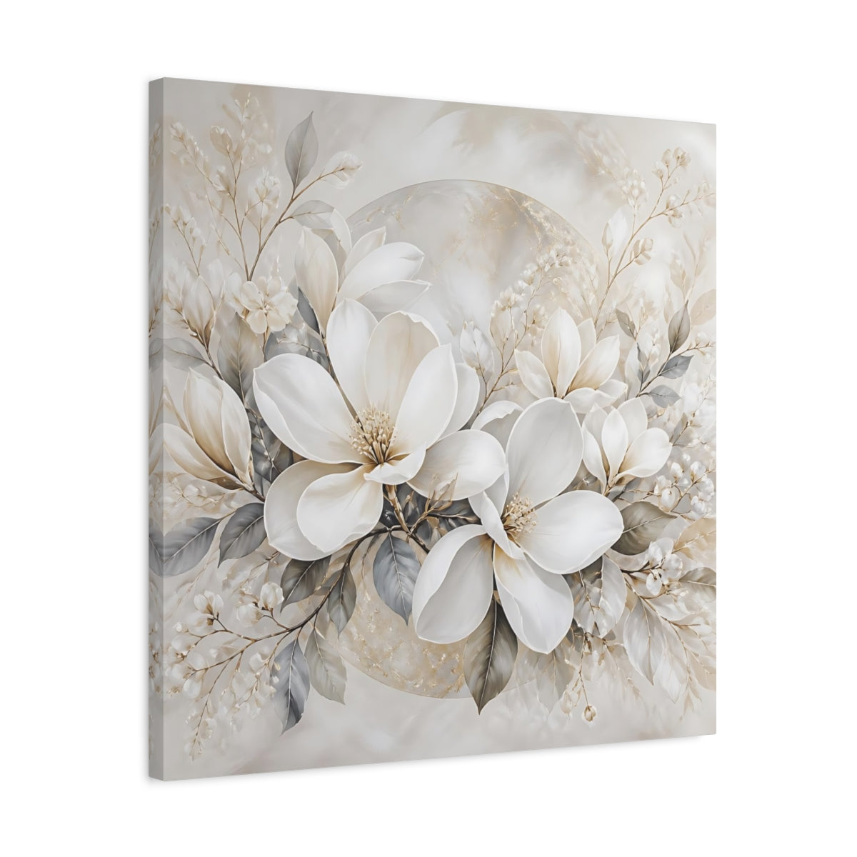 Side Mockup 4. Floral Magnolia Flowers White And Gold shown as stretched canvas wall art