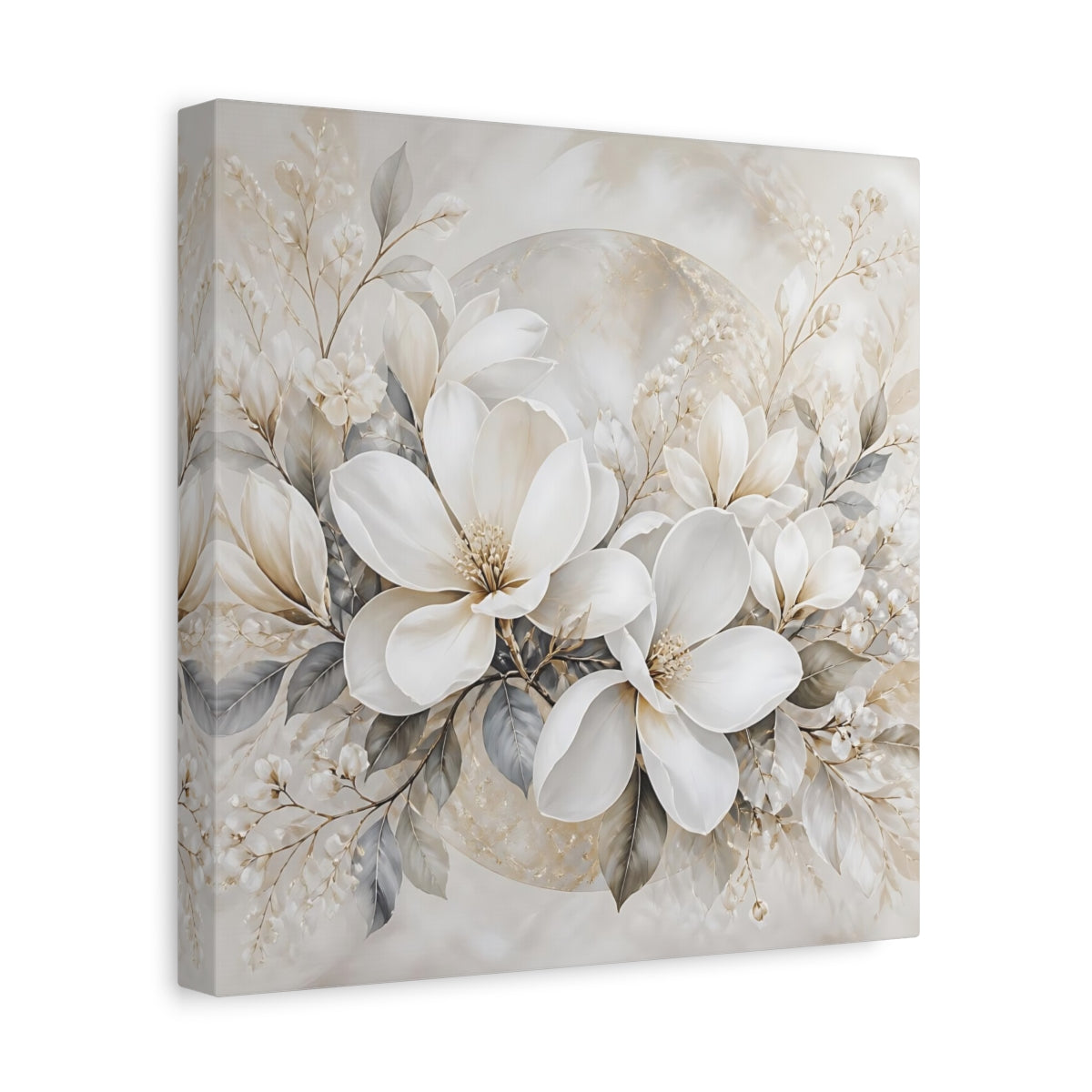 Side Mockup 8. Floral Magnolia Flowers White And Gold shown as stretched canvas wall art