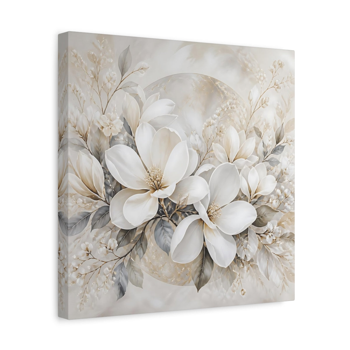 Side Mockup 7. Floral Magnolia Flowers White And Gold shown as stretched canvas wall art