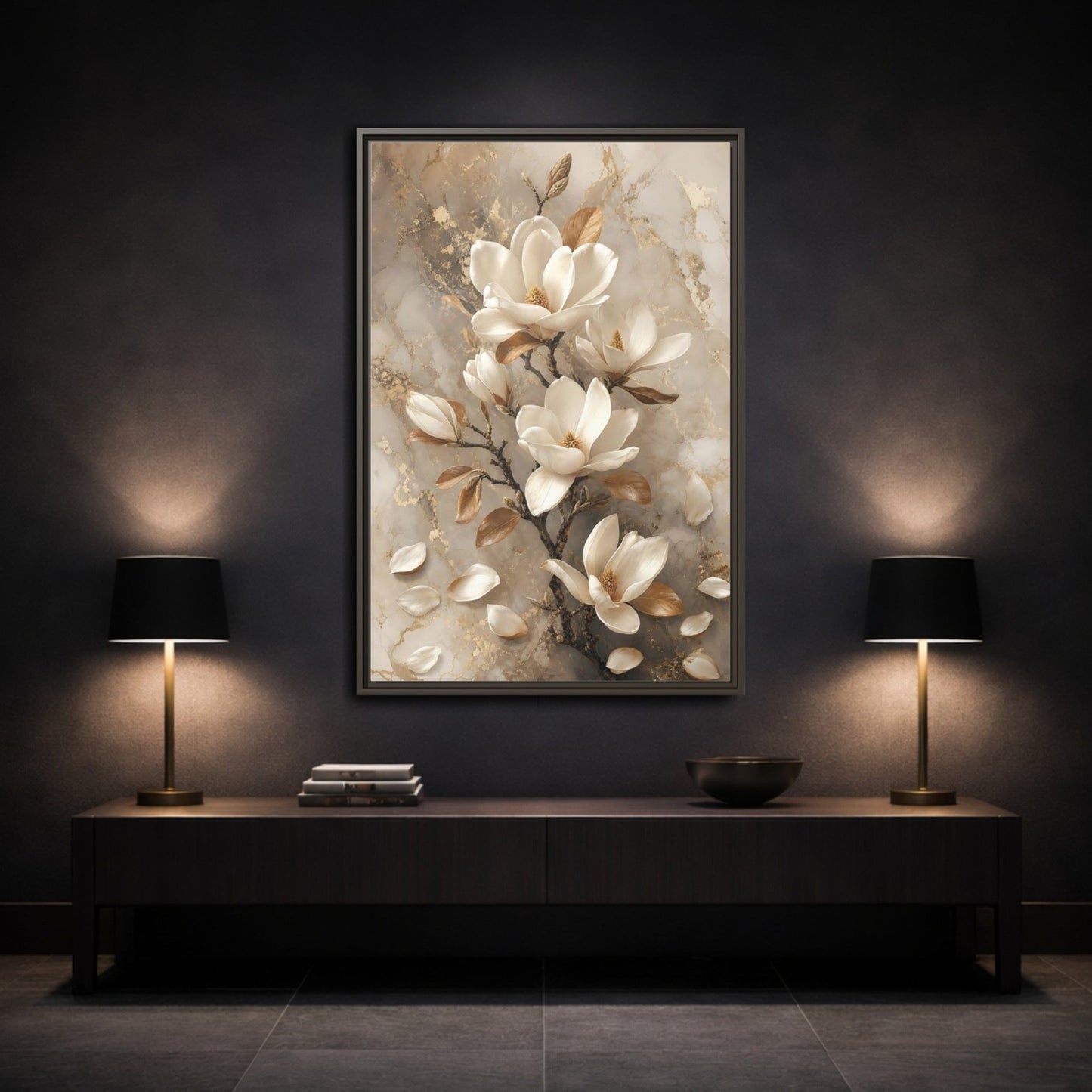 Floral Magnolia Flowers White And Gold Framed Canvas Print – Living Room, Above Sofa - YesArtYes