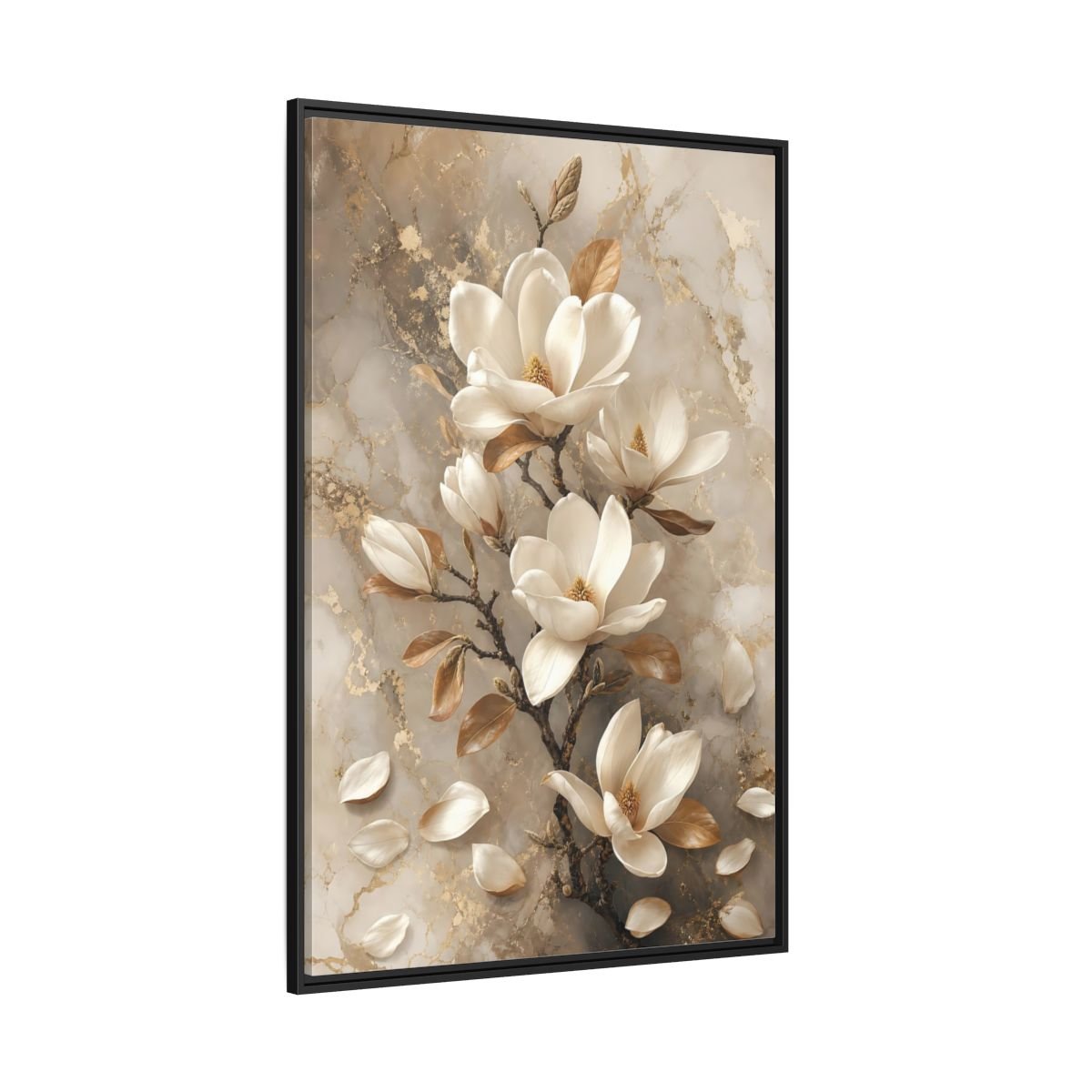 Floral Magnolia Flowers White And Gold Framed Canvas Print – Living Room, Above Sofa - YesArtYes