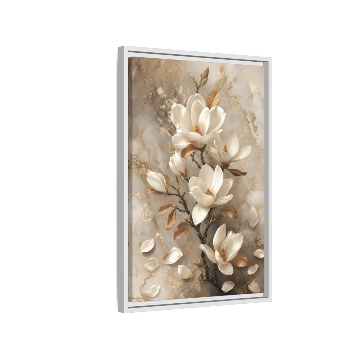 Floral Magnolia Flowers White And Gold Framed Canvas Print – Living Room, Above Sofa - YesArtYes