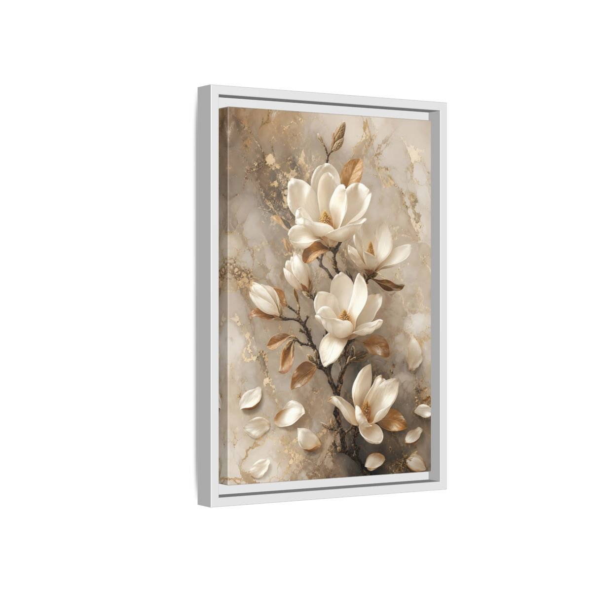 Floral Magnolia Flowers White And Gold Framed Canvas Print – Living Room, Above Sofa - YesArtYes