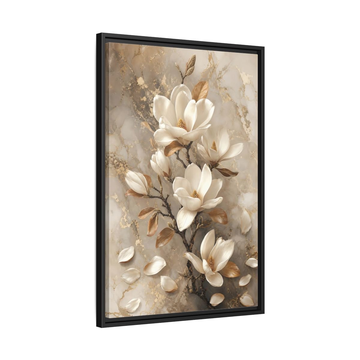 Floral Magnolia Flowers White And Gold Framed Canvas Print – Living Room, Above Sofa - YesArtYes