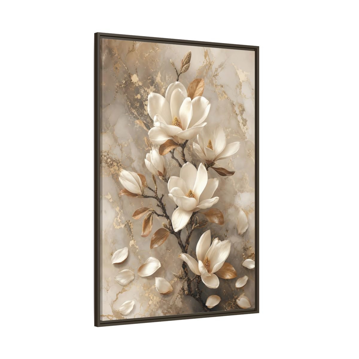 Floral Magnolia Flowers White And Gold Framed Canvas Print – Living Room, Above Sofa - YesArtYes