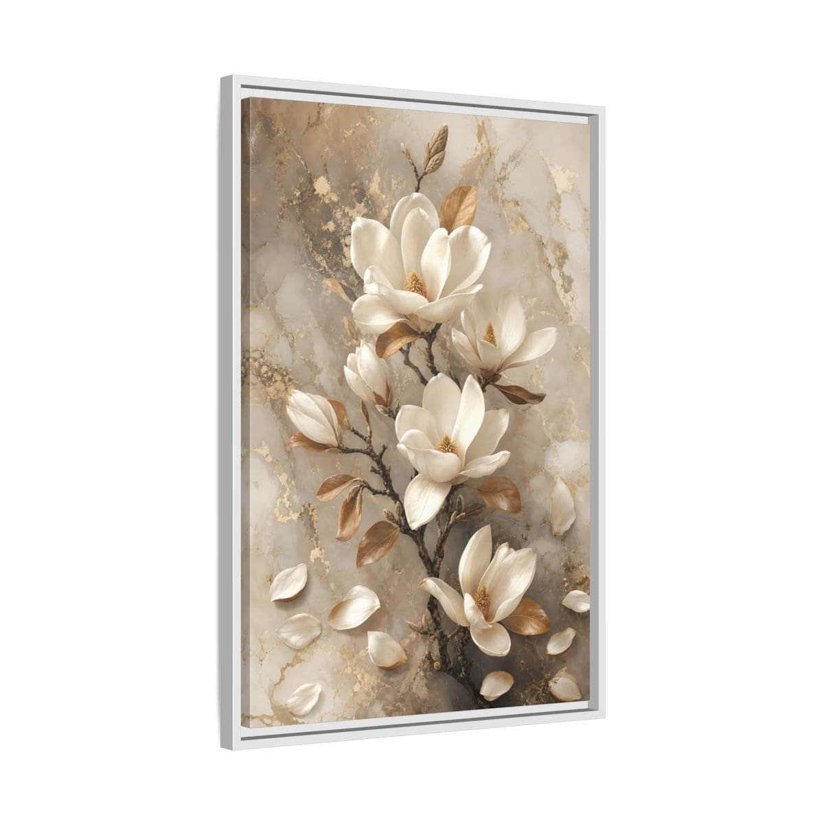 Floral Magnolia Flowers White And Gold Framed Canvas Print – Living Room, Above Sofa - YesArtYes