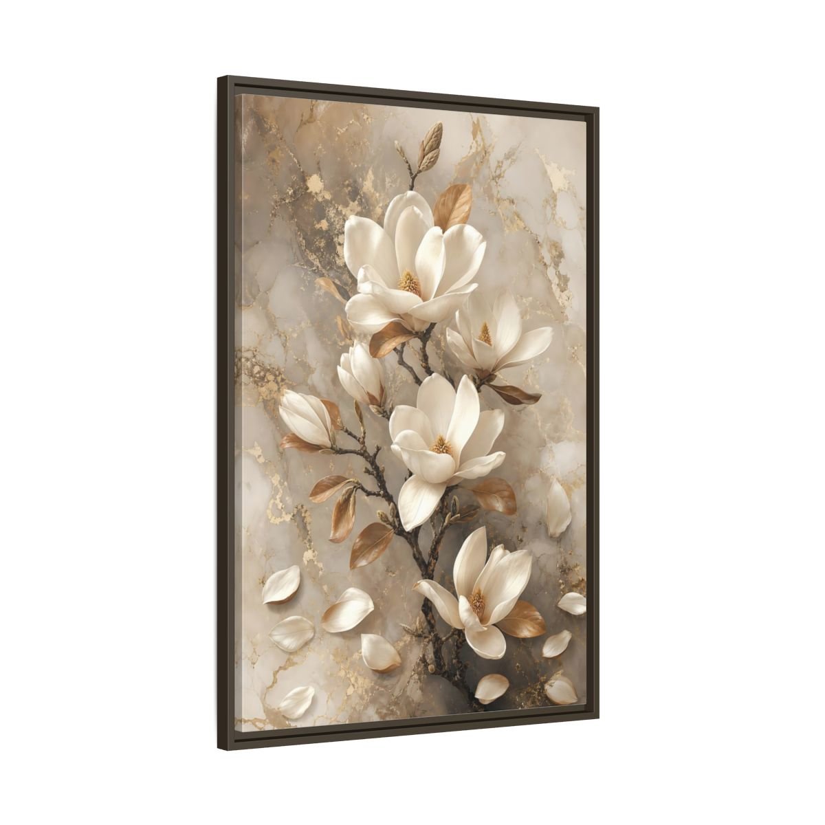 Floral Magnolia Flowers White And Gold Framed Canvas Print – Living Room, Above Sofa - YesArtYes