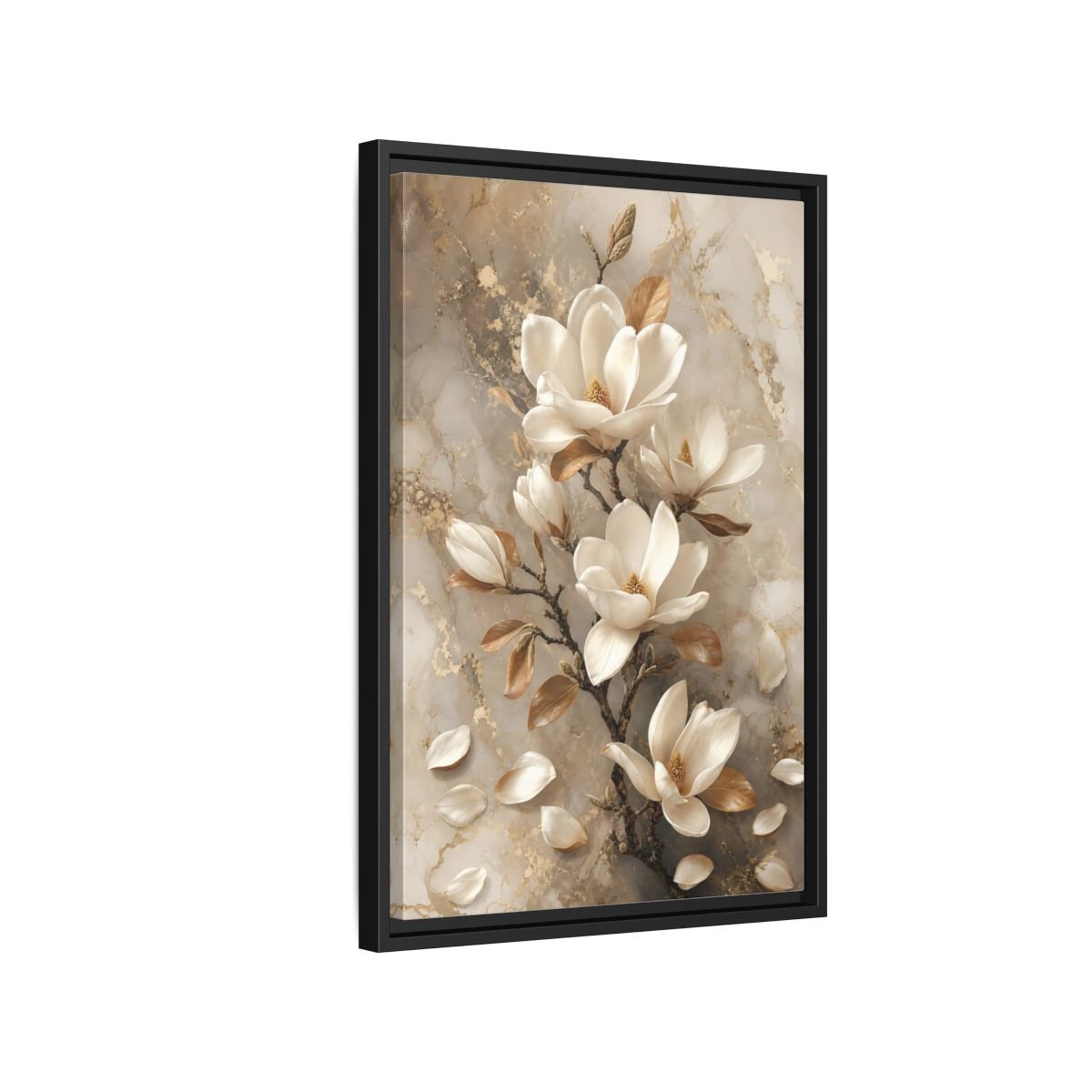 Floral Magnolia Flowers White And Gold Framed Canvas Print – Living Room, Above Sofa - YesArtYes
