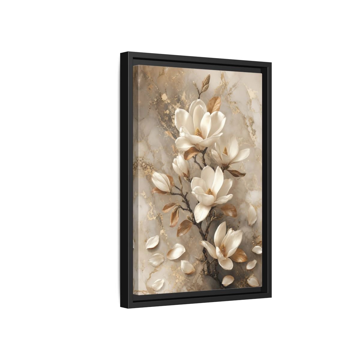 Floral Magnolia Flowers White And Gold Framed Canvas Print – Living Room, Above Sofa - YesArtYes