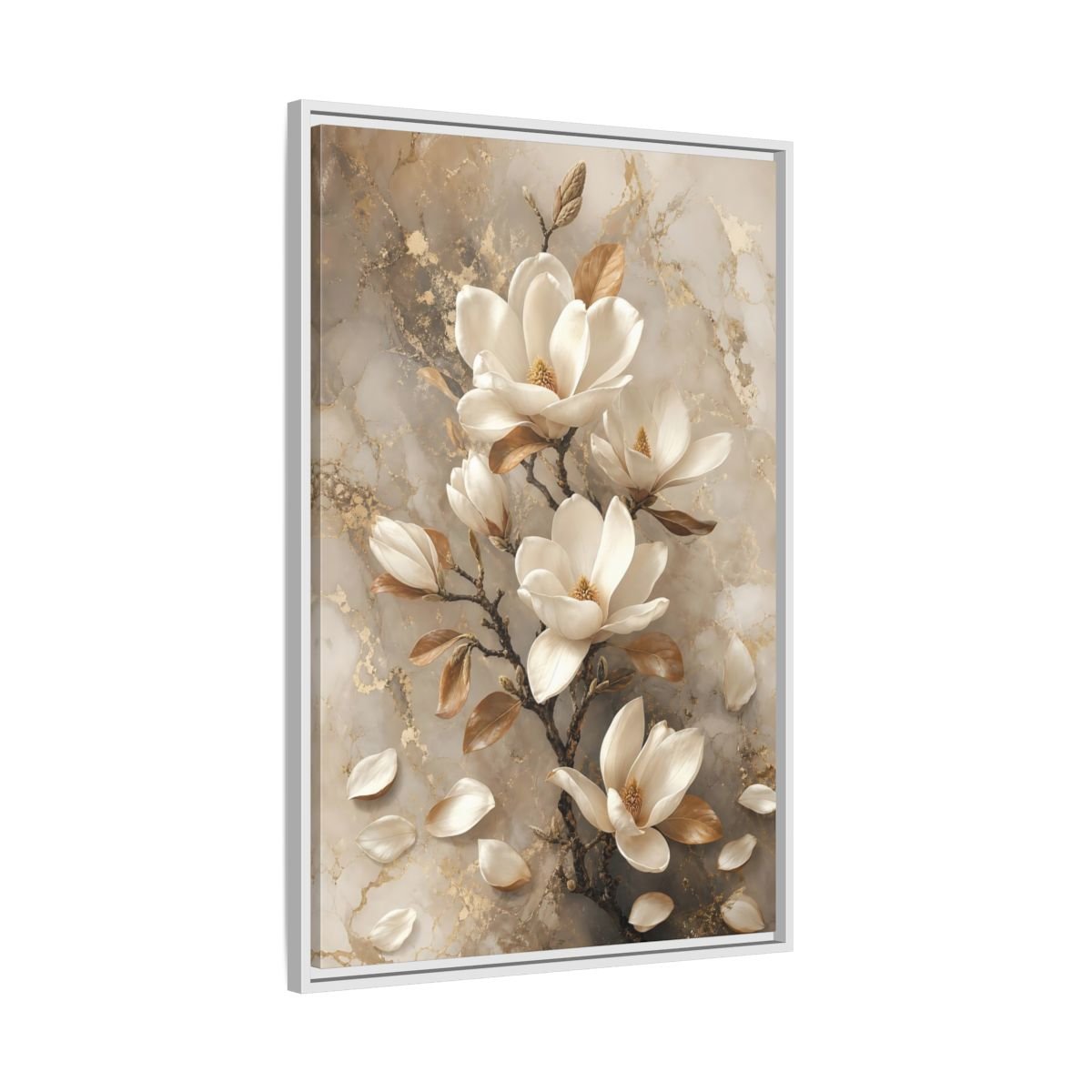 Floral Magnolia Flowers White And Gold Framed Canvas Print – Living Room, Above Sofa - YesArtYes