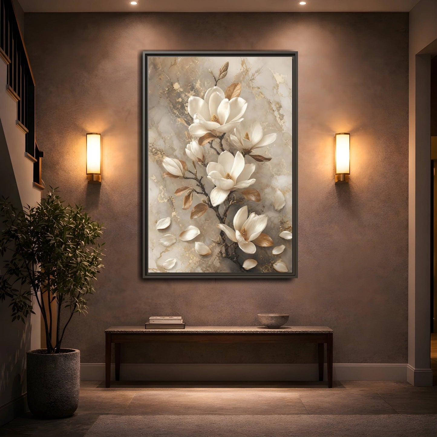 Floral Magnolia Flowers White And Gold Framed Canvas Print – Living Room, Above Sofa - YesArtYes